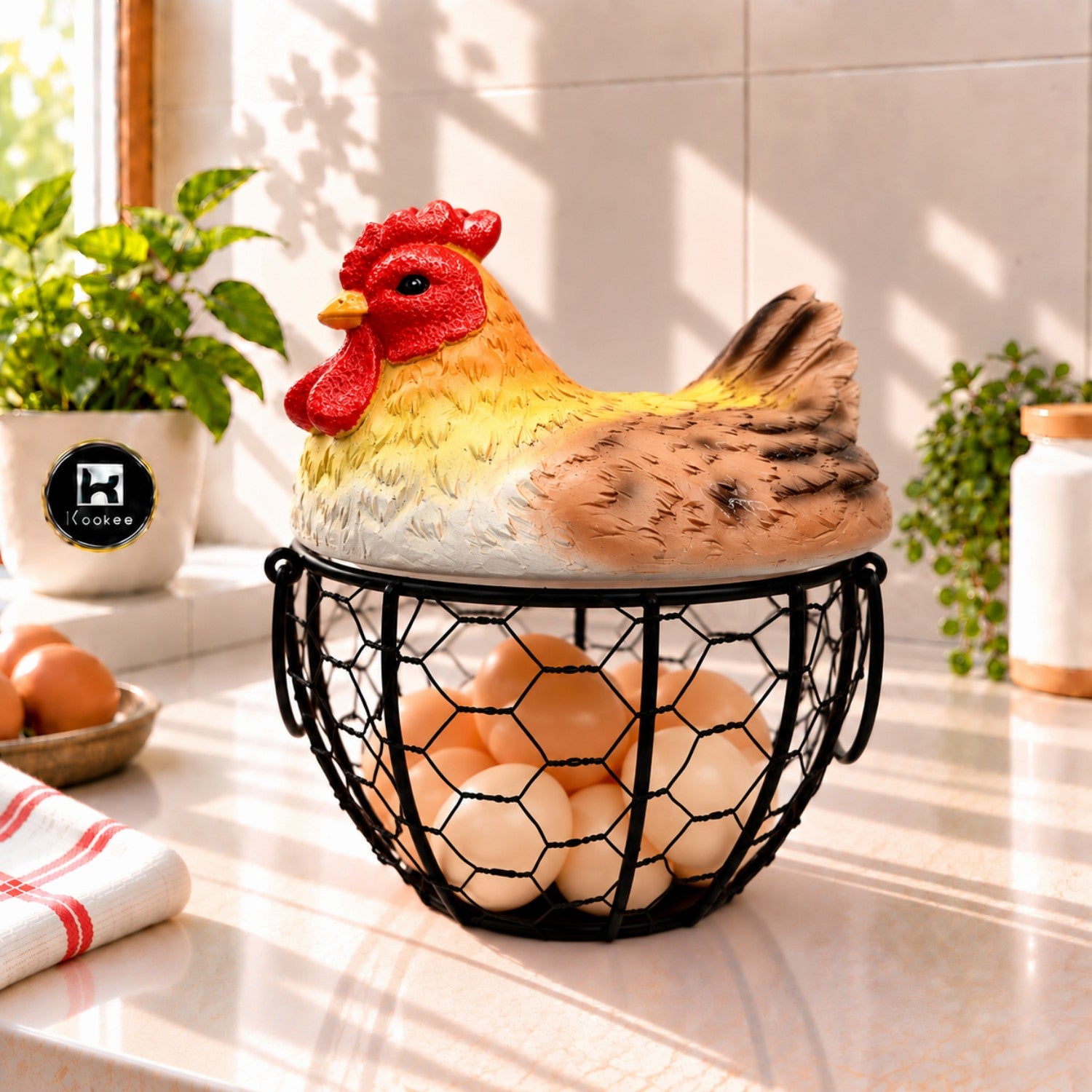 Kookee Decorative Chicken Egg Storage Basket with Metal Wire Holder for Kitchen