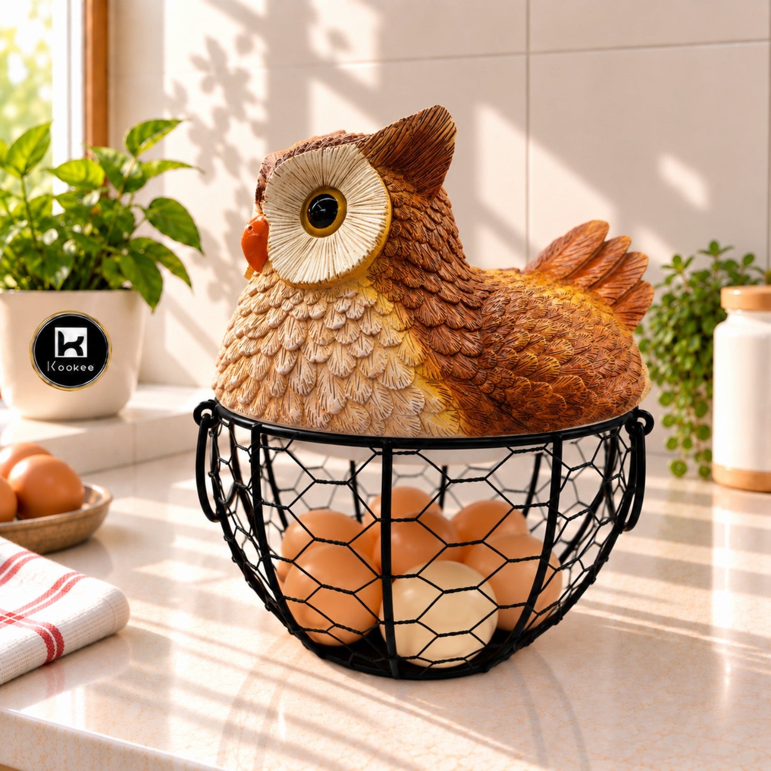 Kookee Wire Mesh Egg Basket with Polyresin Owl Lid for Kitchen