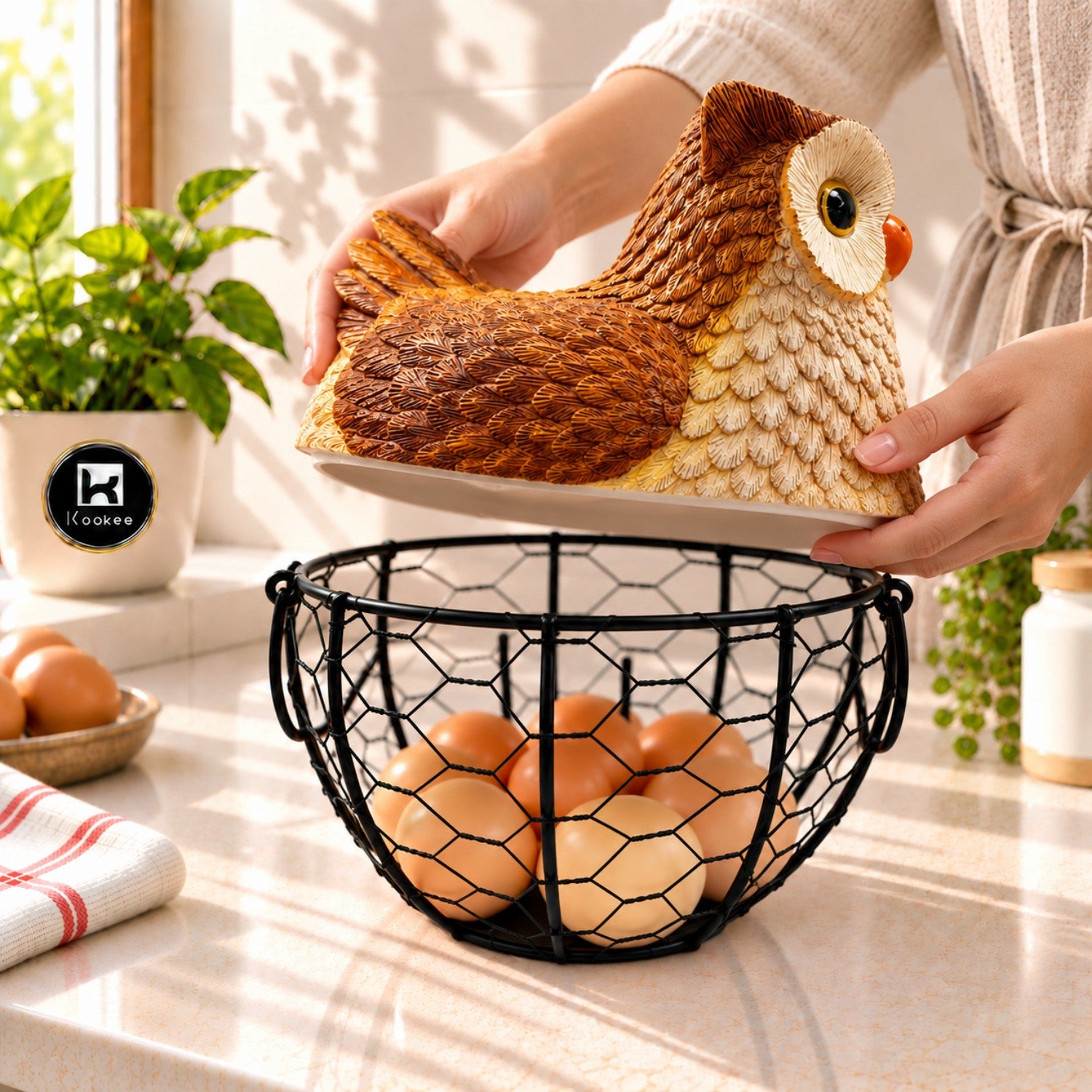 Kookee Wire Mesh Egg Basket with Polyresin Owl Lid for Kitchen