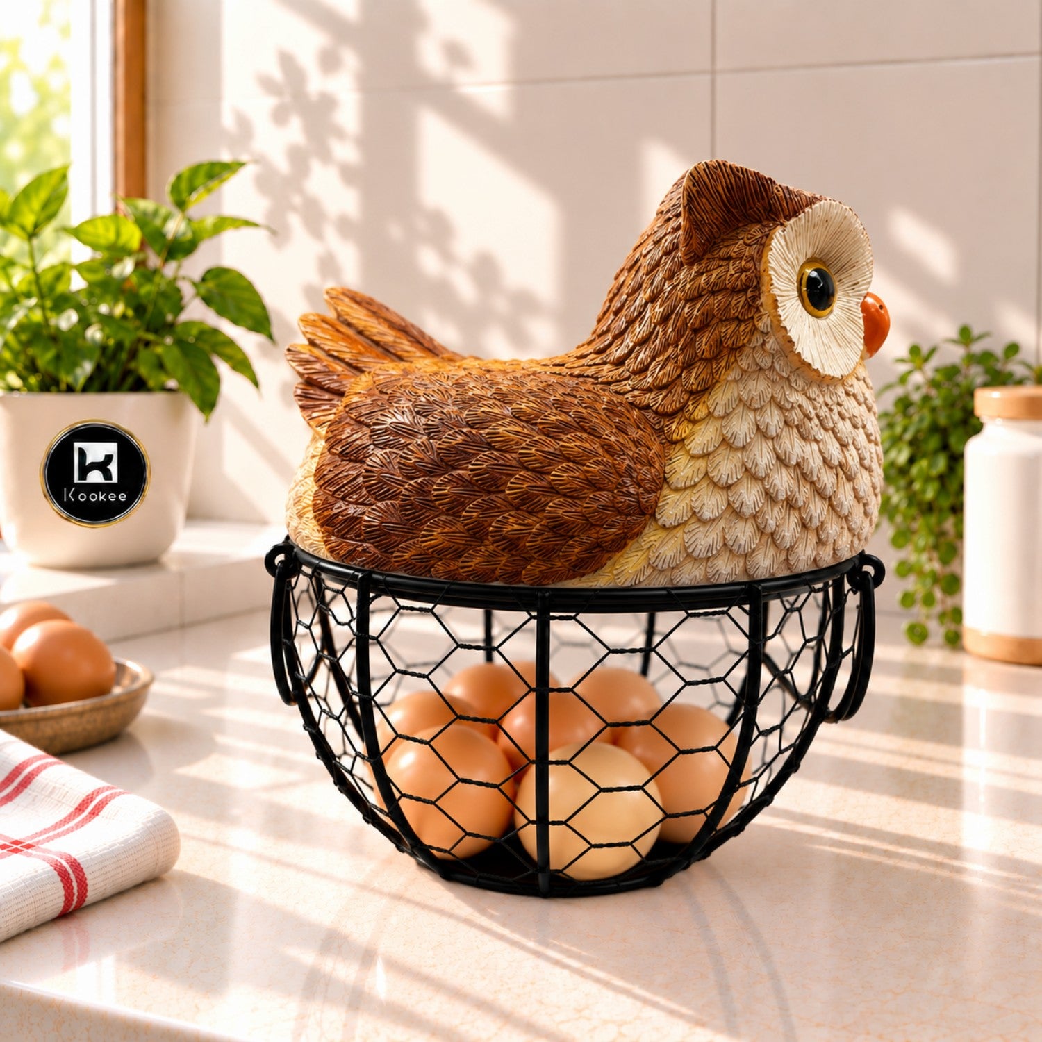 Kookee Wire Mesh Egg Basket with Polyresin Owl Lid for Kitchen