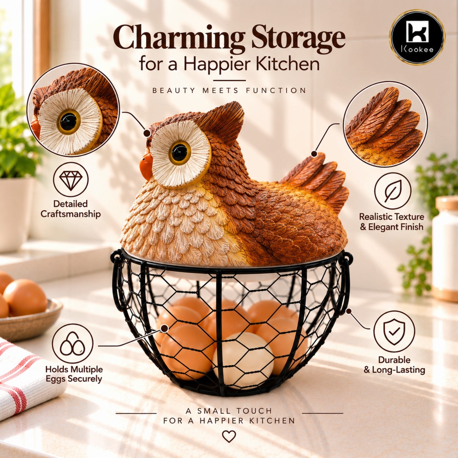 Kookee Wire Mesh Egg Basket with Polyresin Owl Lid for Kitchen