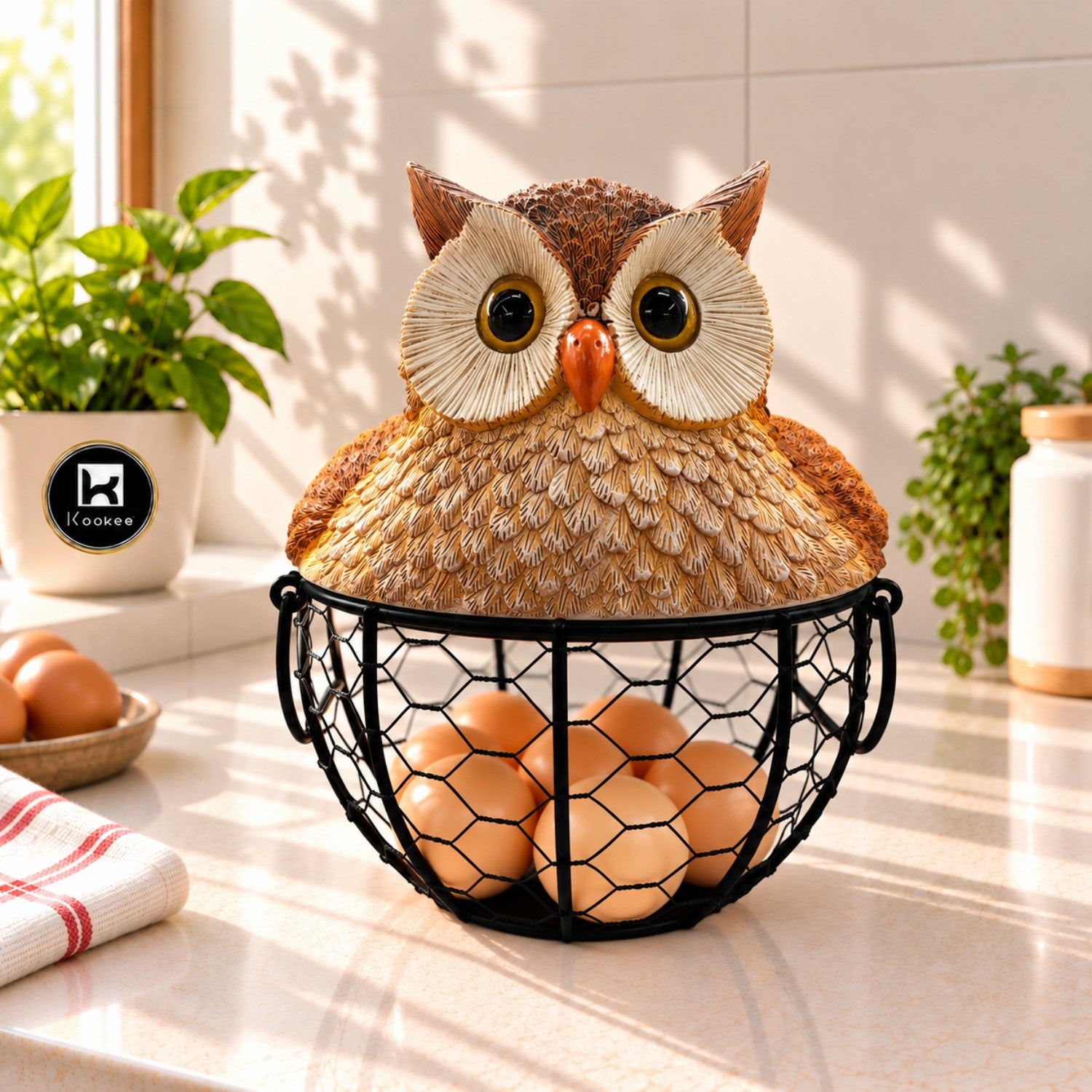 Kookee Wire Mesh Egg Basket with Polyresin Owl Lid for Kitchen