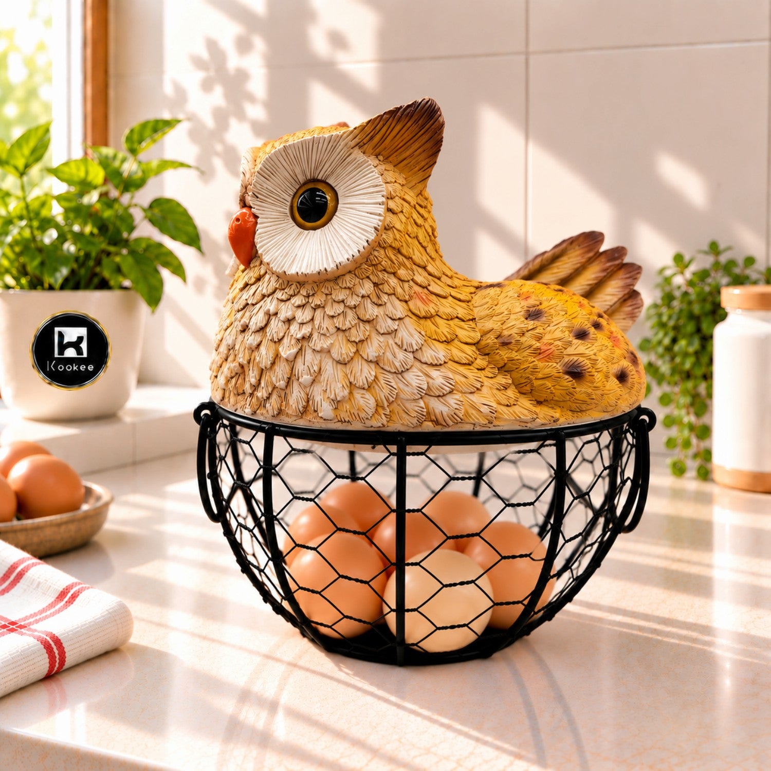 Kookee Wire Mesh Egg Basket with Polyresin Owl Lid for Kitchen