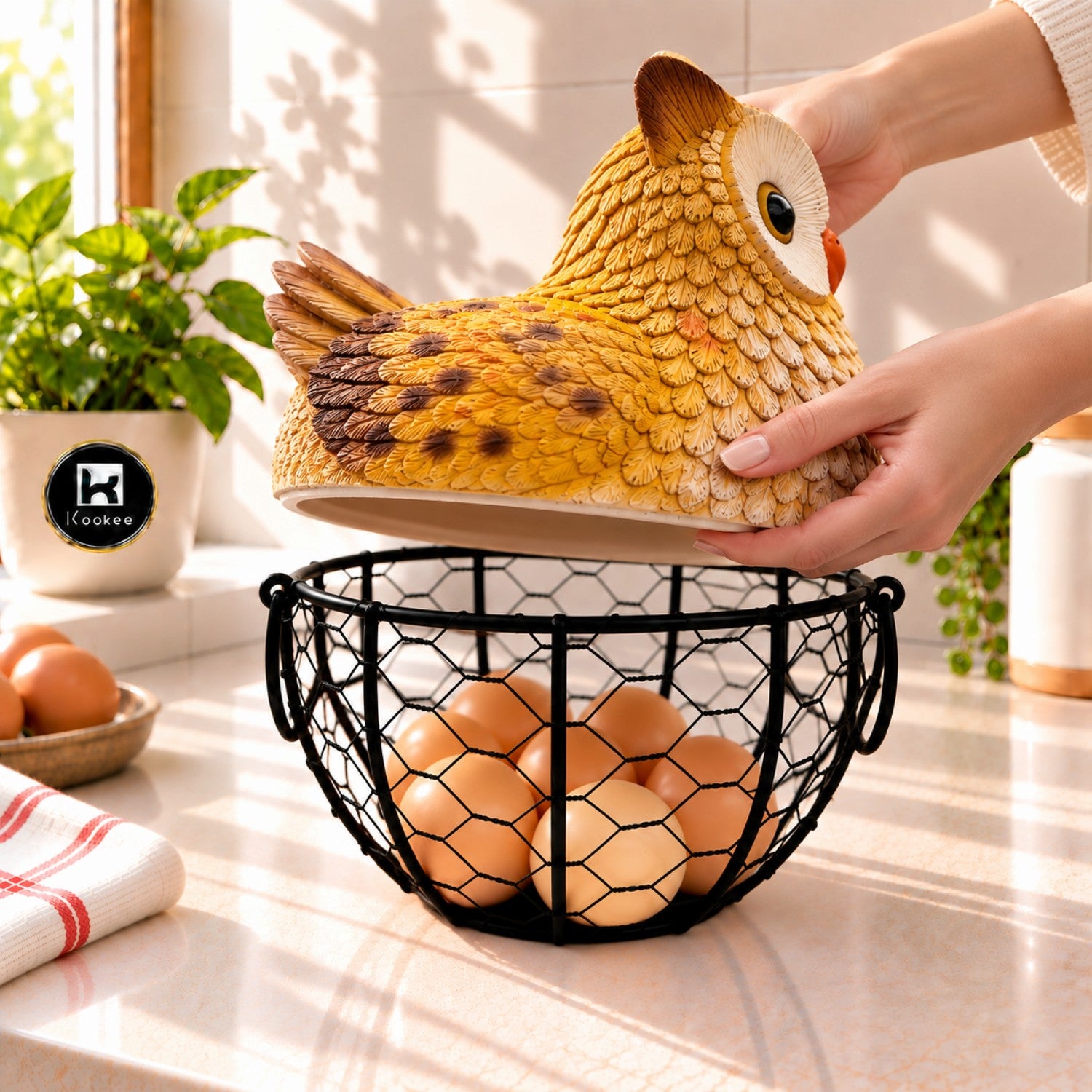 Kookee Wire Mesh Egg Basket with Polyresin Owl Lid for Kitchen
