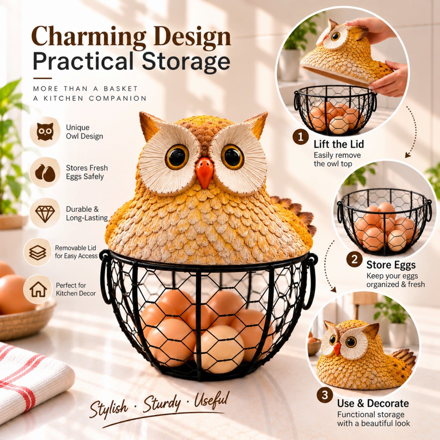 Kookee Wire Mesh Egg Basket with Polyresin Owl Lid for Kitchen