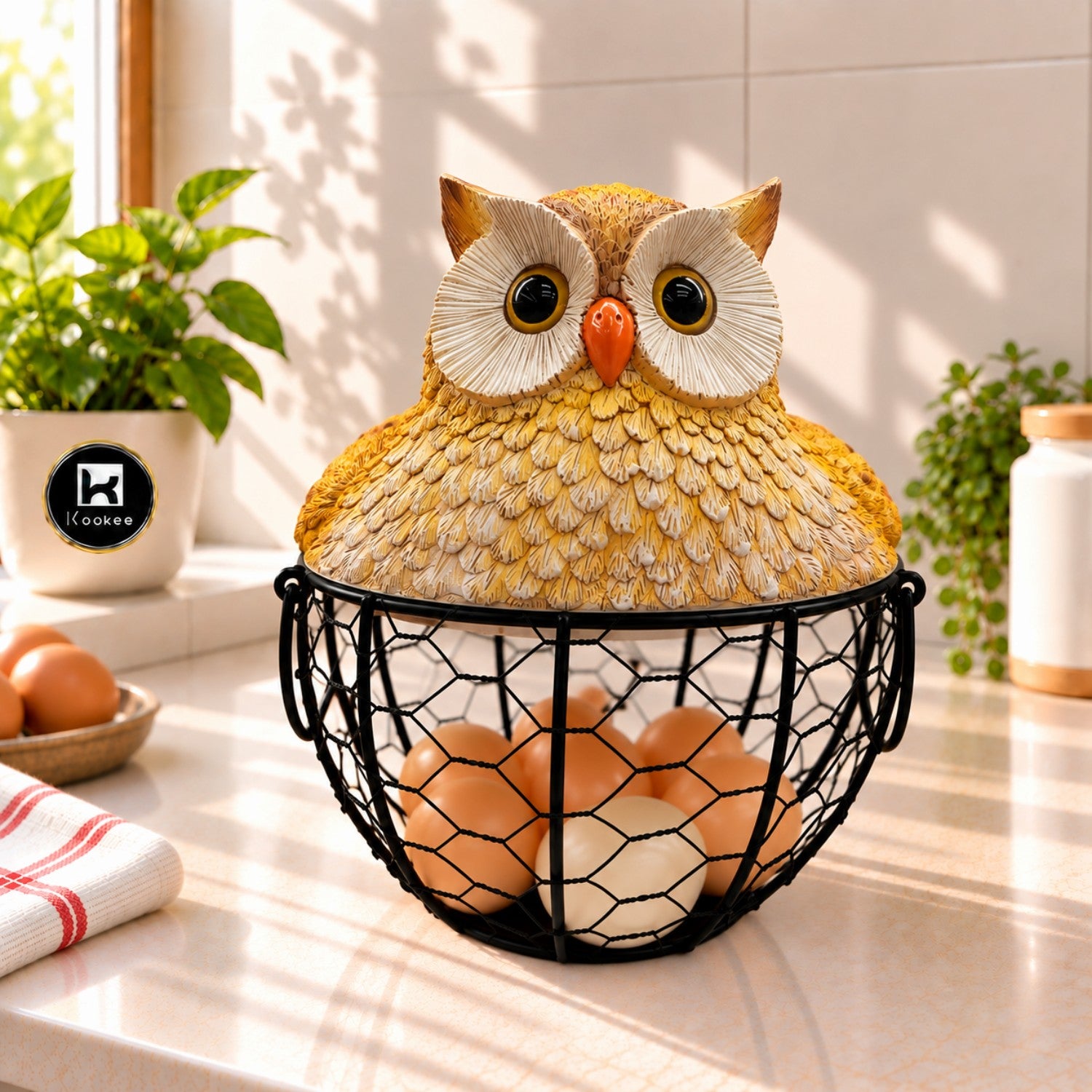 Kookee Wire Mesh Egg Basket with Polyresin Owl Lid for Kitchen