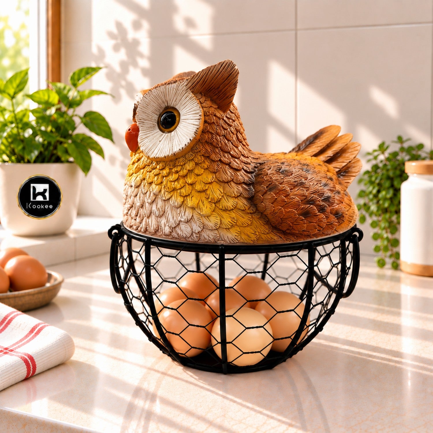 Kookee Wire Mesh Egg Basket with Polyresin Owl Lid for Kitchen