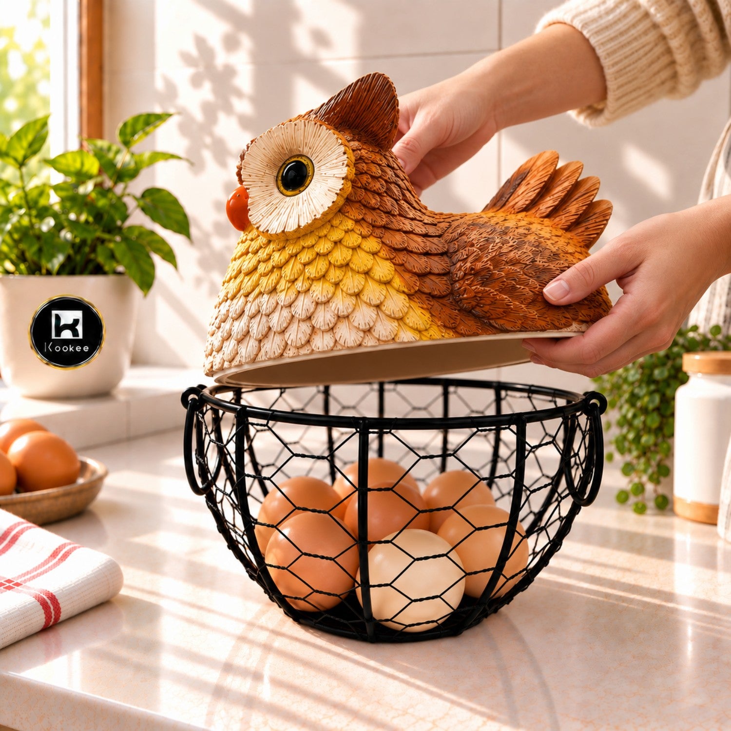 Kookee Wire Mesh Egg Basket with Polyresin Owl Lid for Kitchen