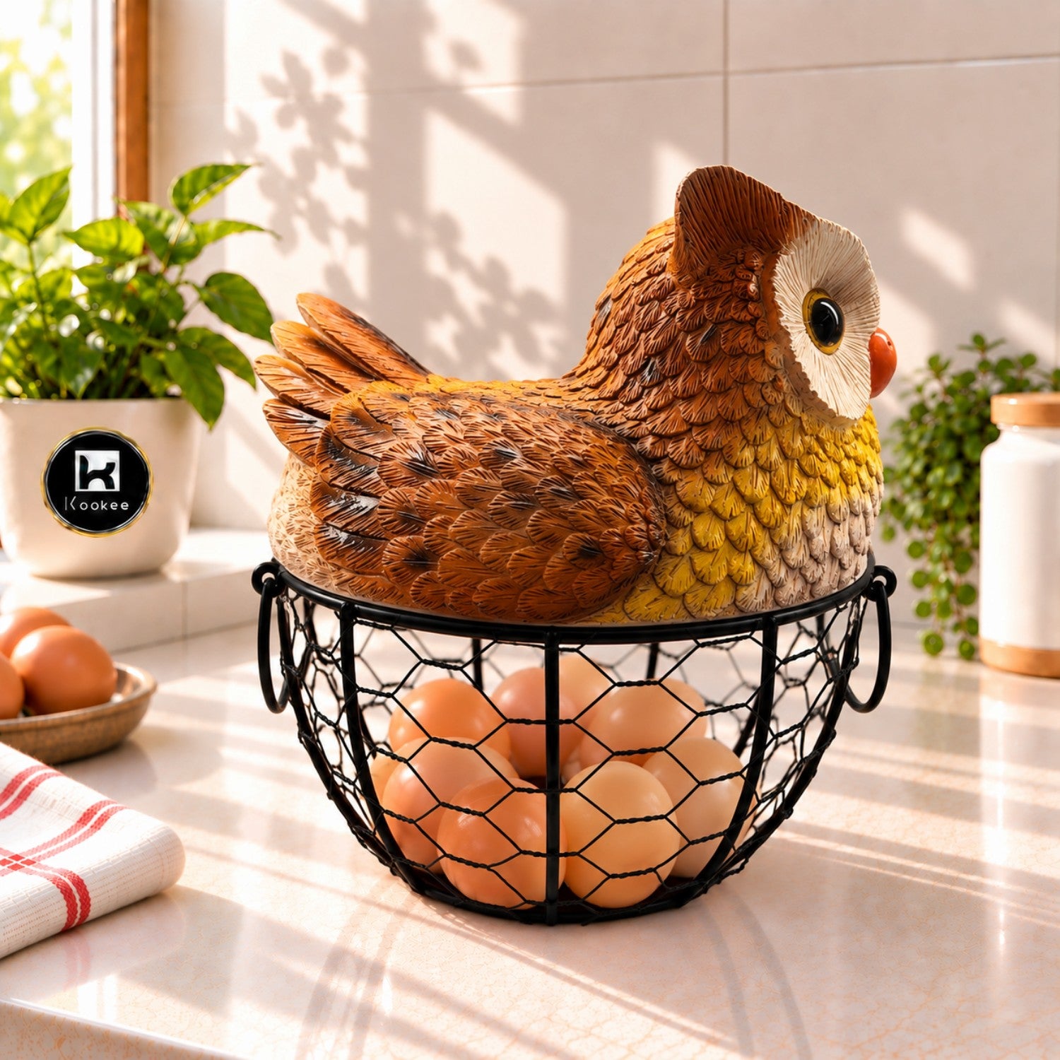 Kookee Wire Mesh Egg Basket with Polyresin Owl Lid for Kitchen