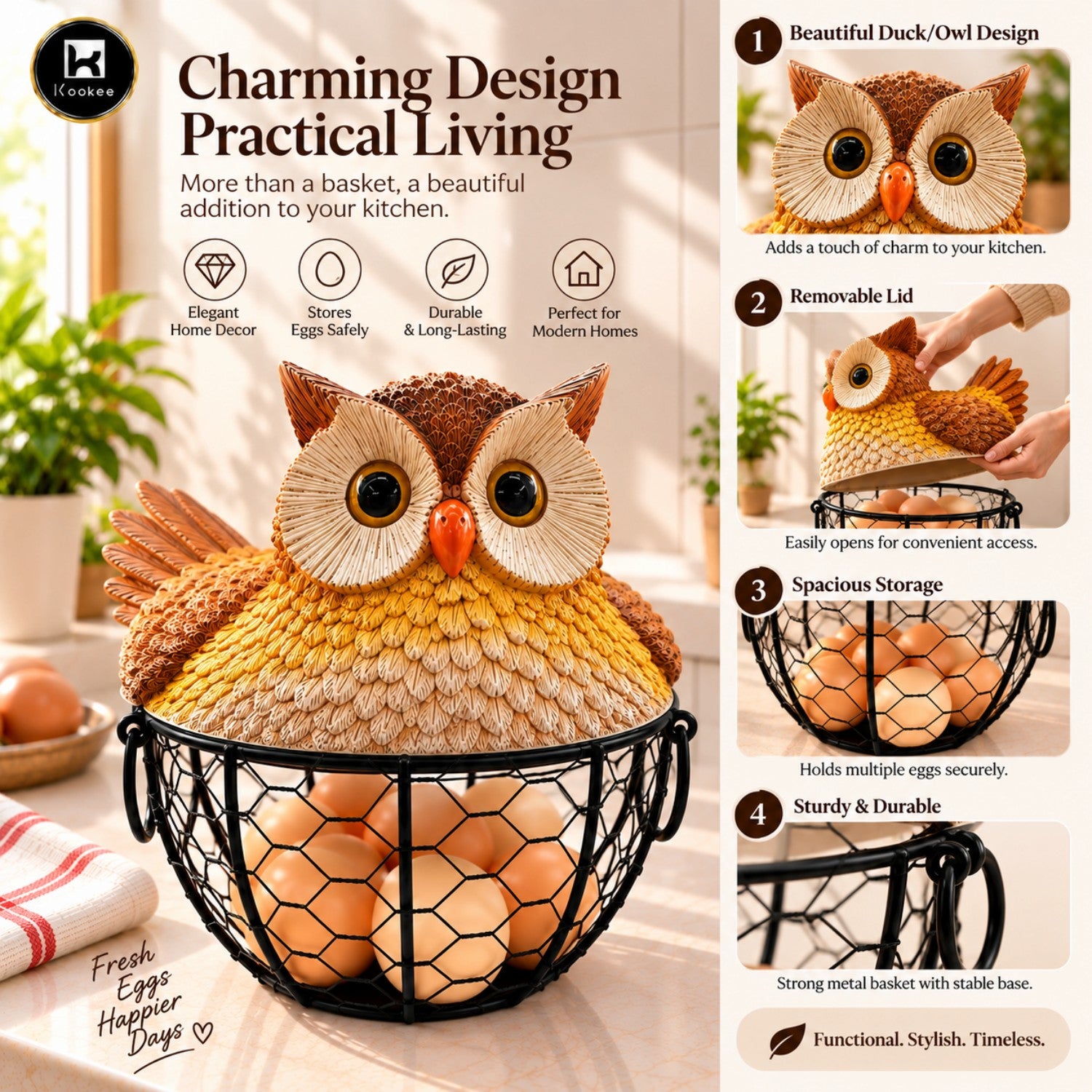 Kookee Wire Mesh Egg Basket with Polyresin Owl Lid for Kitchen