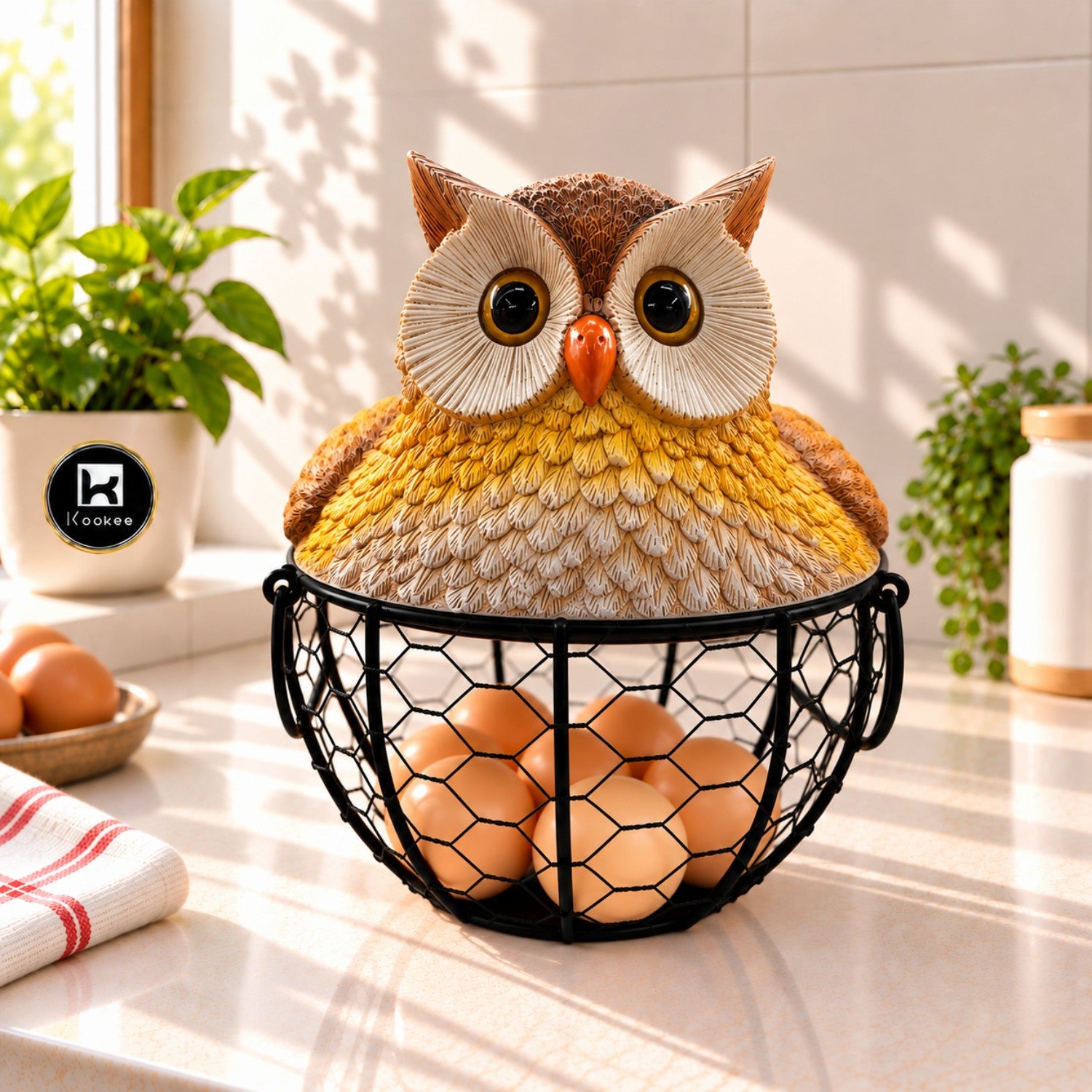 Kookee Wire Mesh Egg Basket with Polyresin Owl Lid for Kitchen