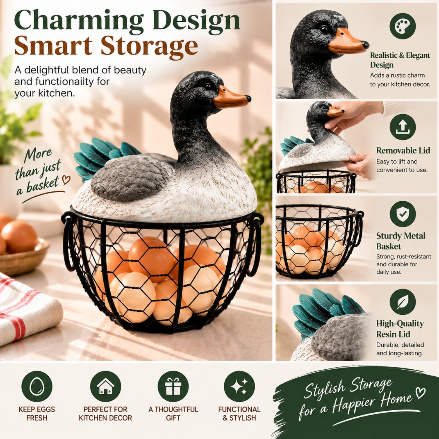 Kookee Wire Mesh Egg Basket with Polyresin Duck Lid for Kitchen