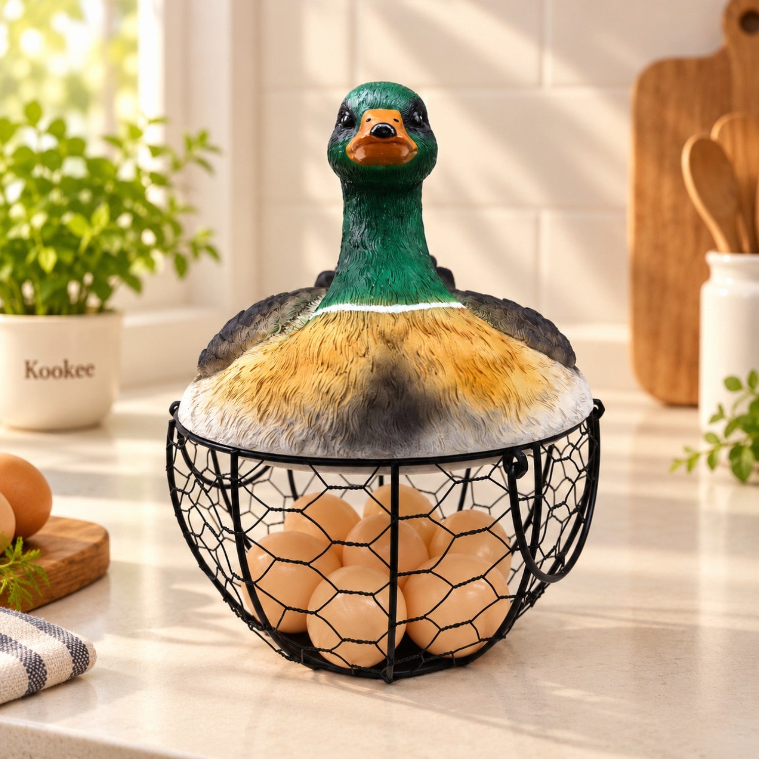 Kookee Wire Mesh Egg Basket with Polyresin Duck Lid for Kitchen