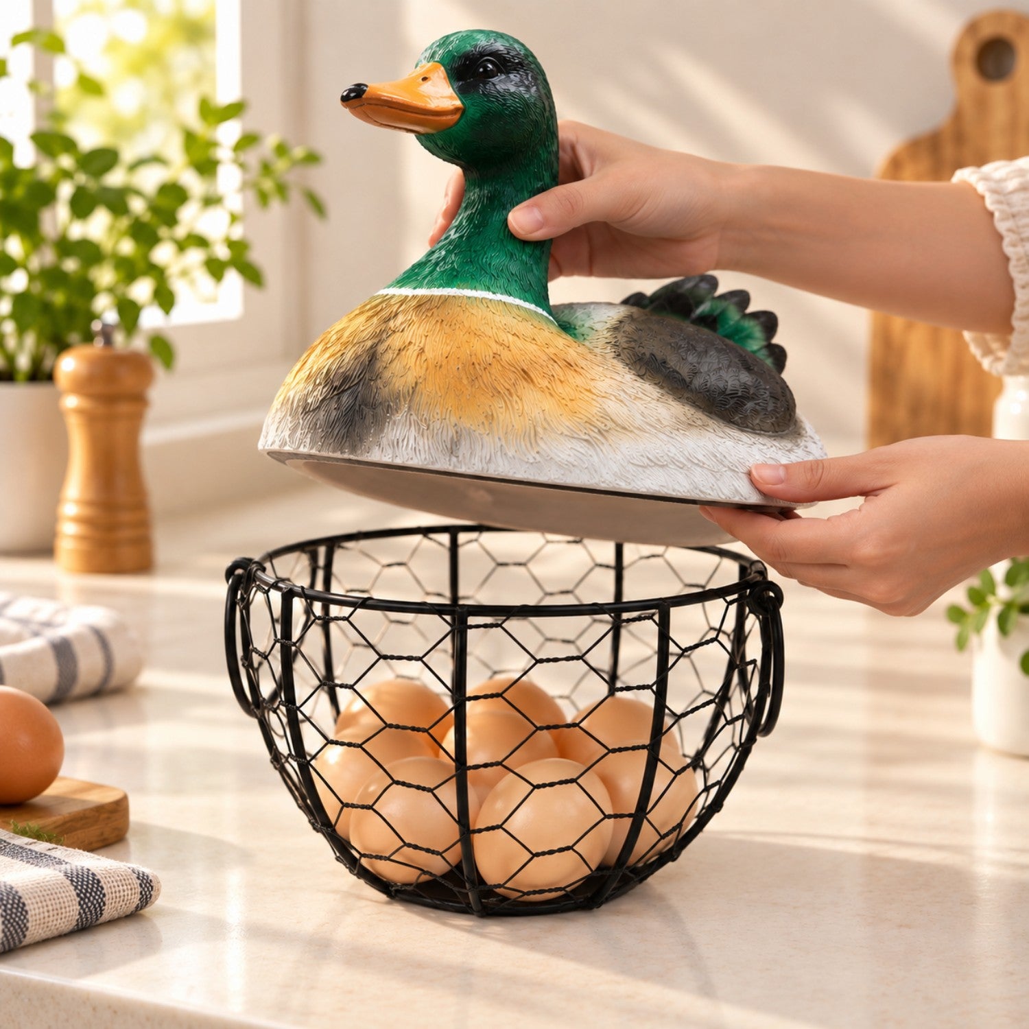 Kookee Wire Mesh Egg Basket with Polyresin Duck Lid for Kitchen