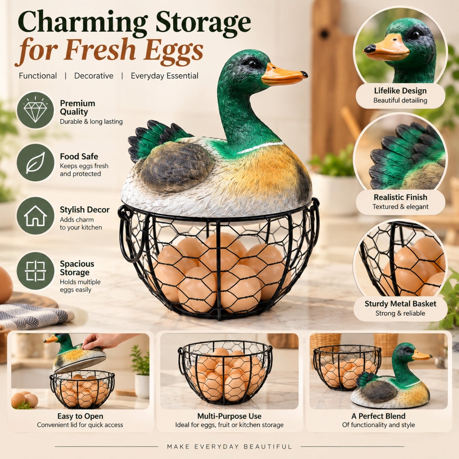 Kookee Wire Mesh Egg Basket with Polyresin Duck Lid for Kitchen