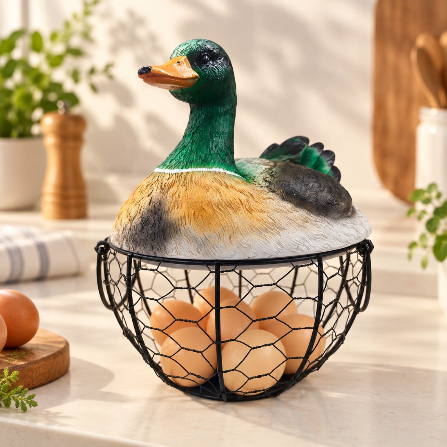 Kookee Wire Mesh Egg Basket with Polyresin Duck Lid for Kitchen