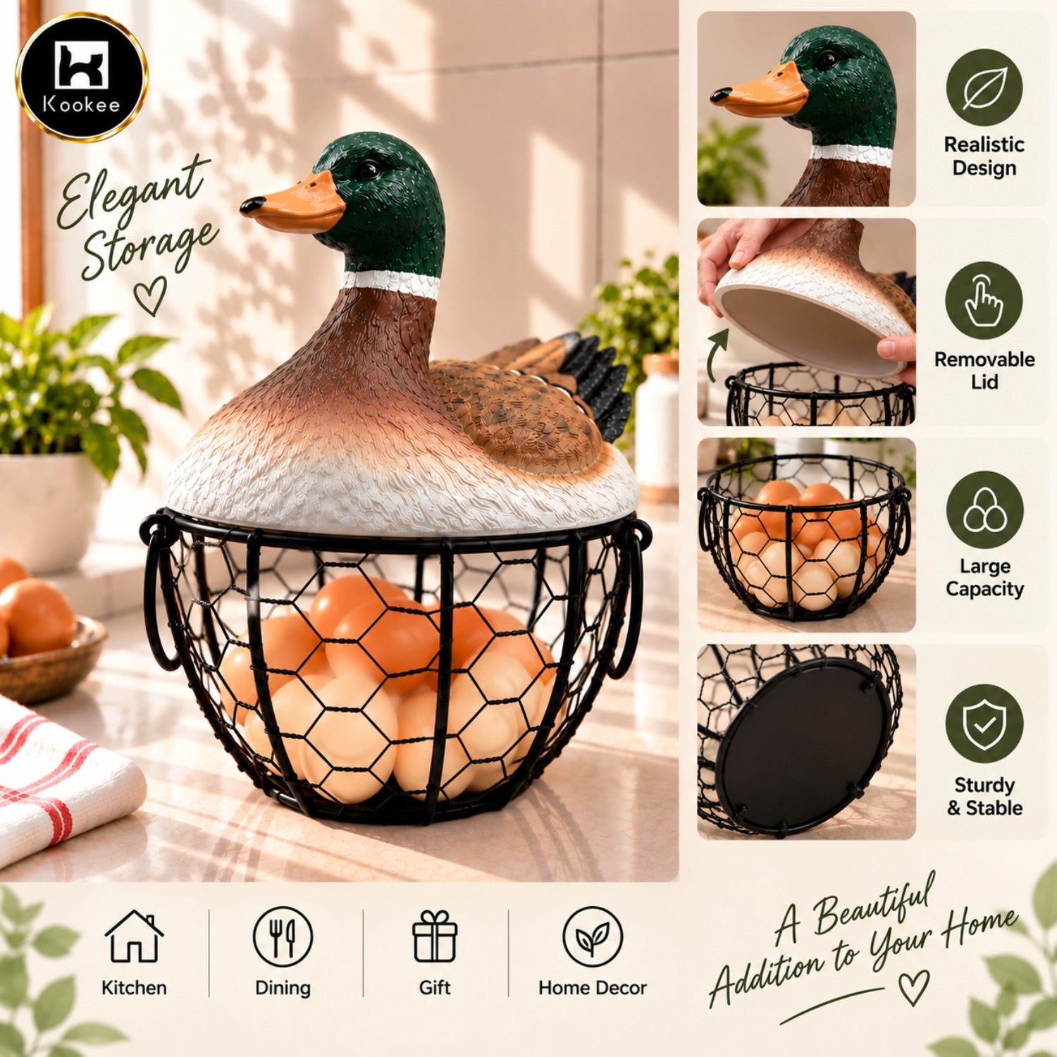 Kookee Wire Mesh Egg Basket with Polyresin Duck Lid for Kitchen