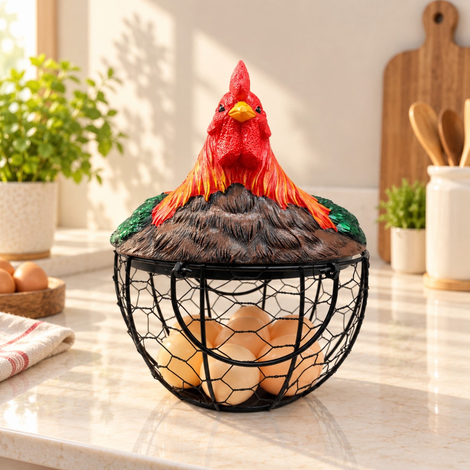 Kookee Wire Mesh Egg Basket with Polyresin Chicken Lid for Kitchen