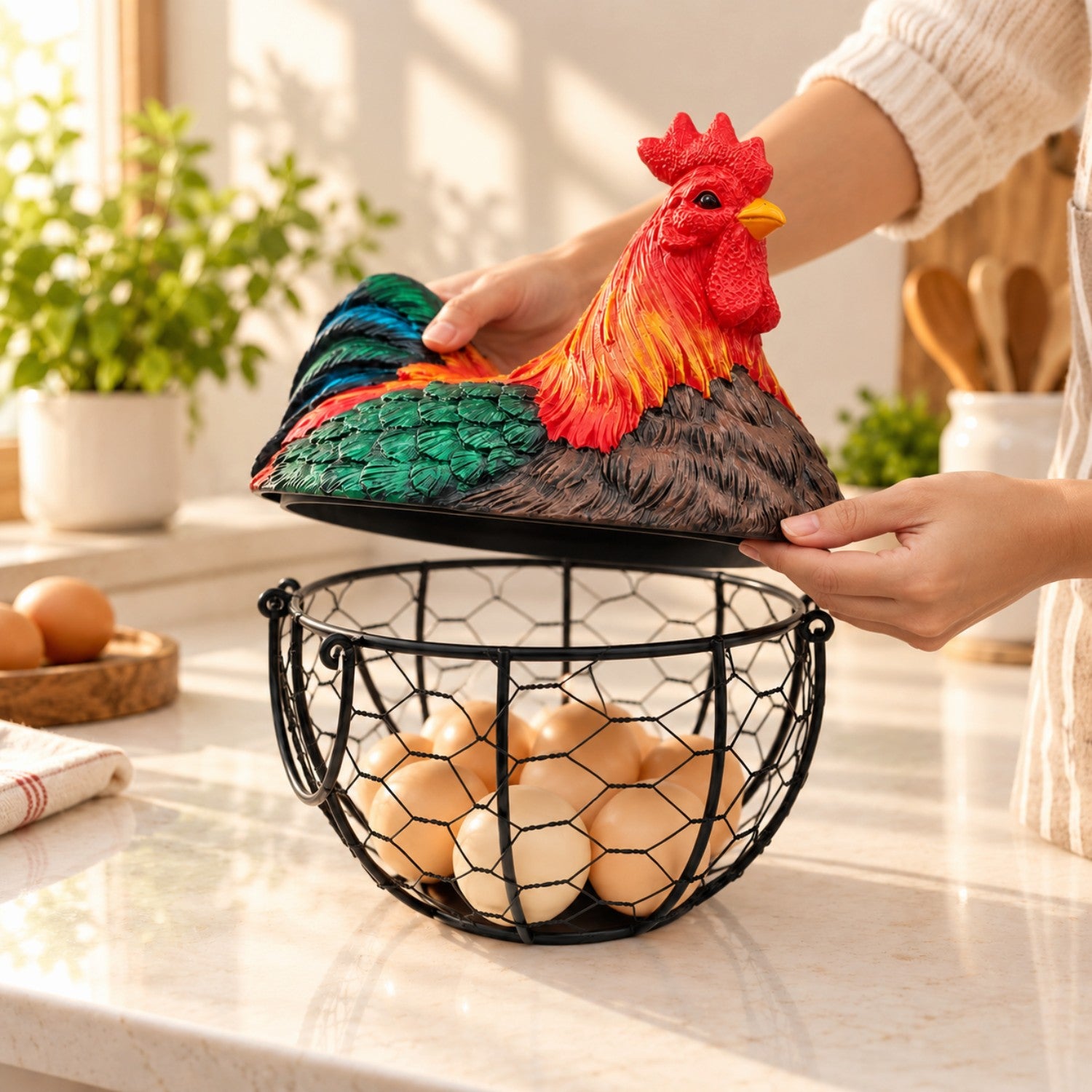 Kookee Wire Mesh Egg Basket with Polyresin Chicken Lid for Kitchen