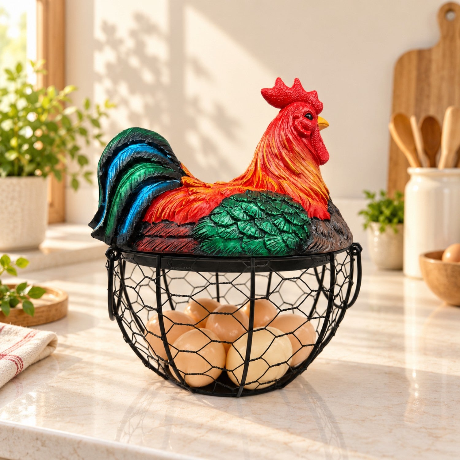 Kookee Wire Mesh Egg Basket with Polyresin Chicken Lid for Kitchen