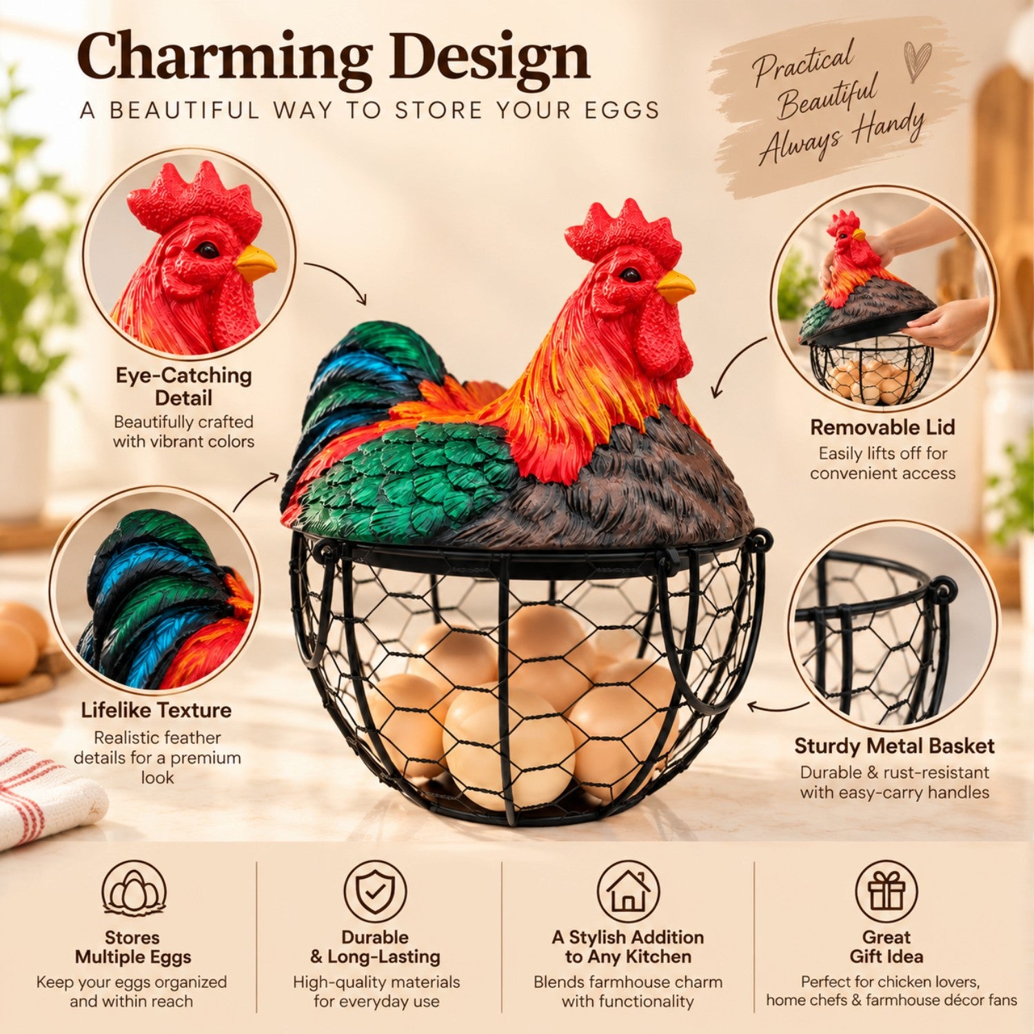 Kookee Wire Mesh Egg Basket with Polyresin Chicken Lid for Kitchen