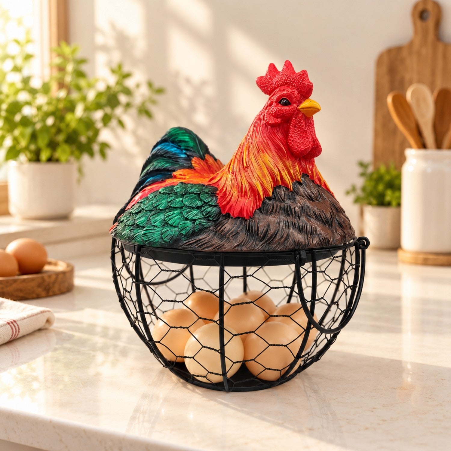 Kookee Wire Mesh Egg Basket with Polyresin Chicken Lid for Kitchen