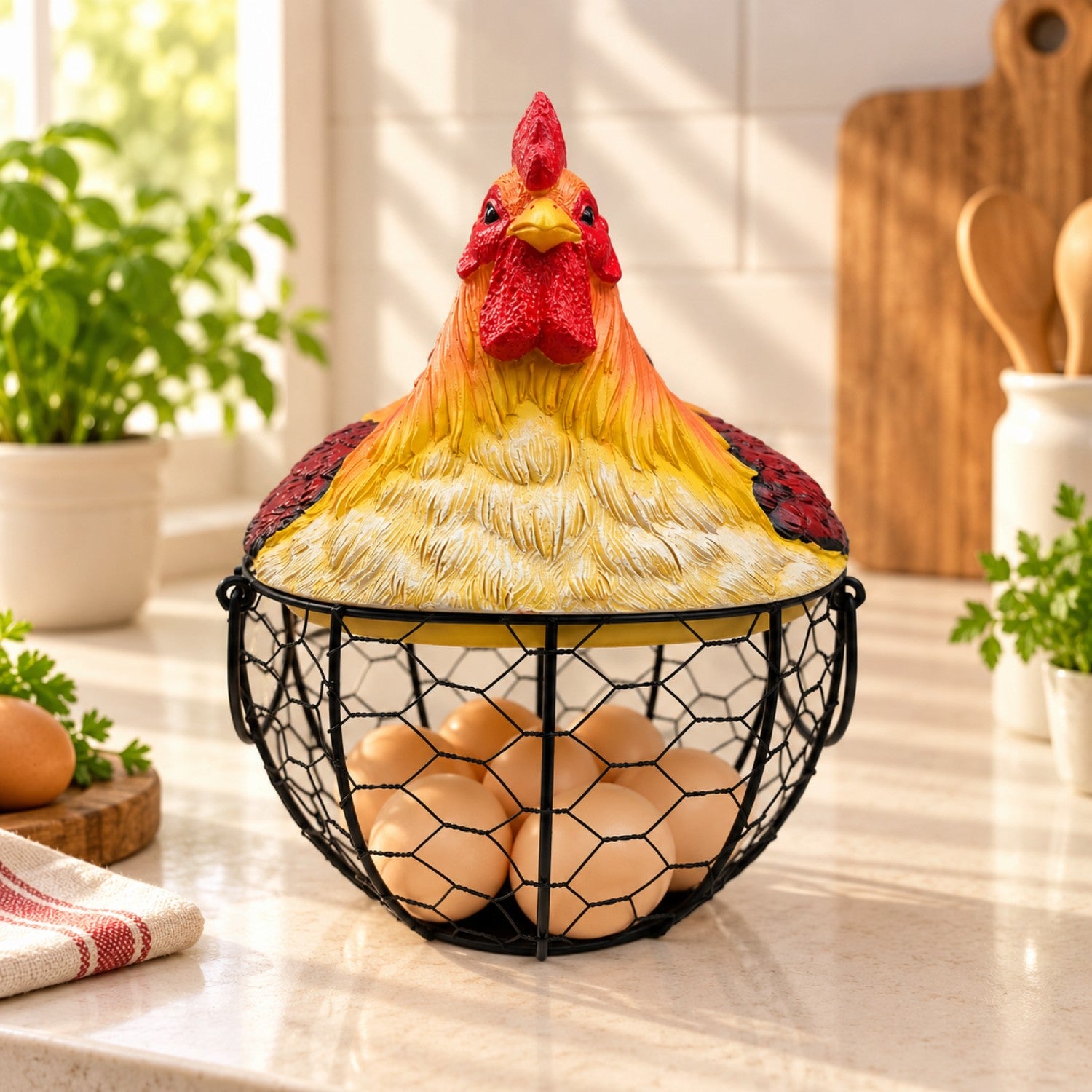 Kookee Wire Mesh Egg Basket with Polyresin Chicken Lid for Kitchen