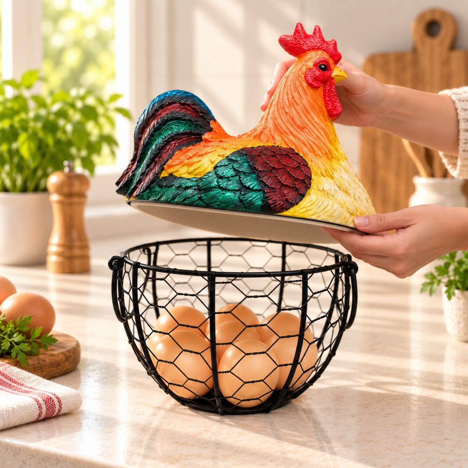 Kookee Wire Mesh Egg Basket with Polyresin Chicken Lid for Kitchen
