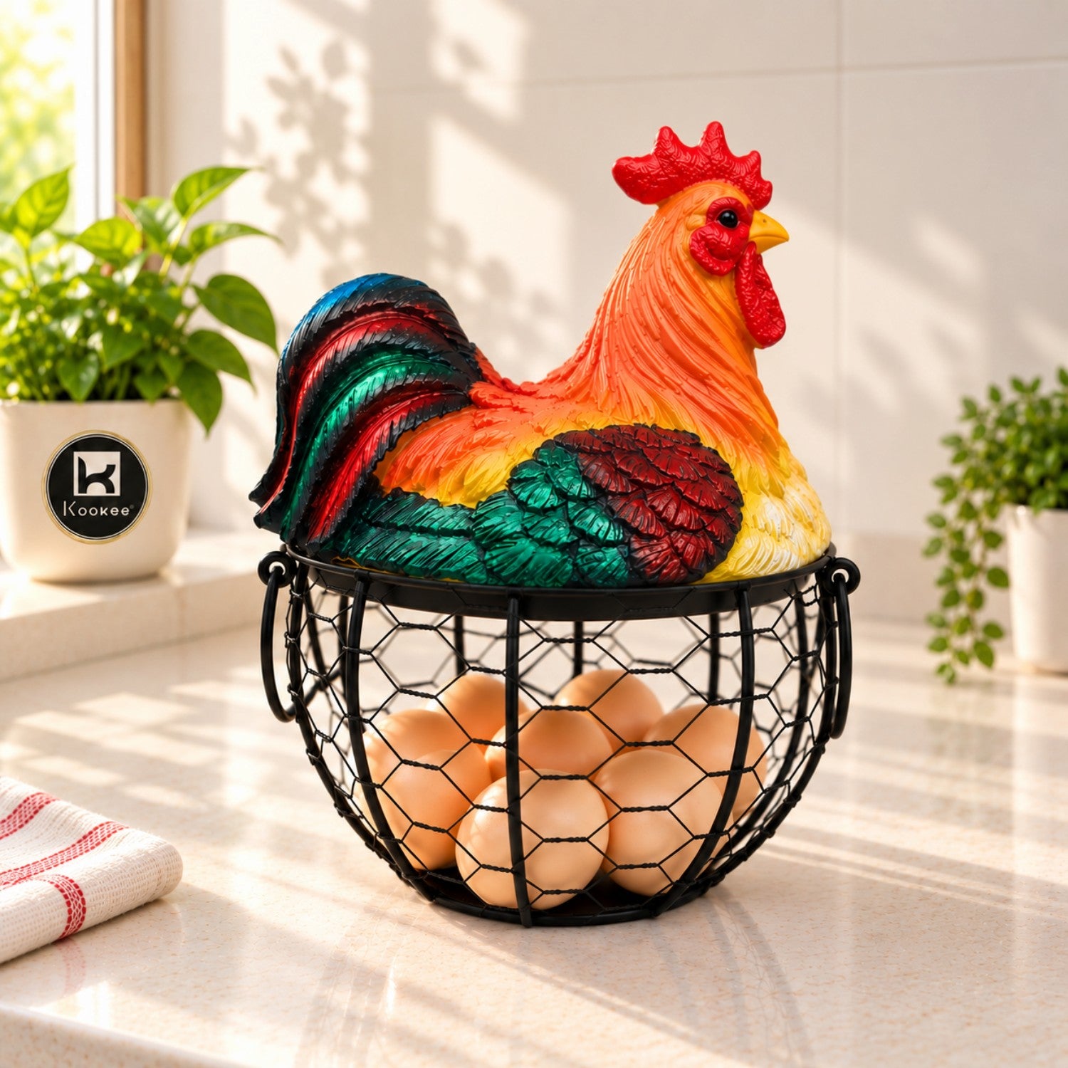 Kookee Wire Mesh Egg Basket with Polyresin Chicken Lid for Kitchen