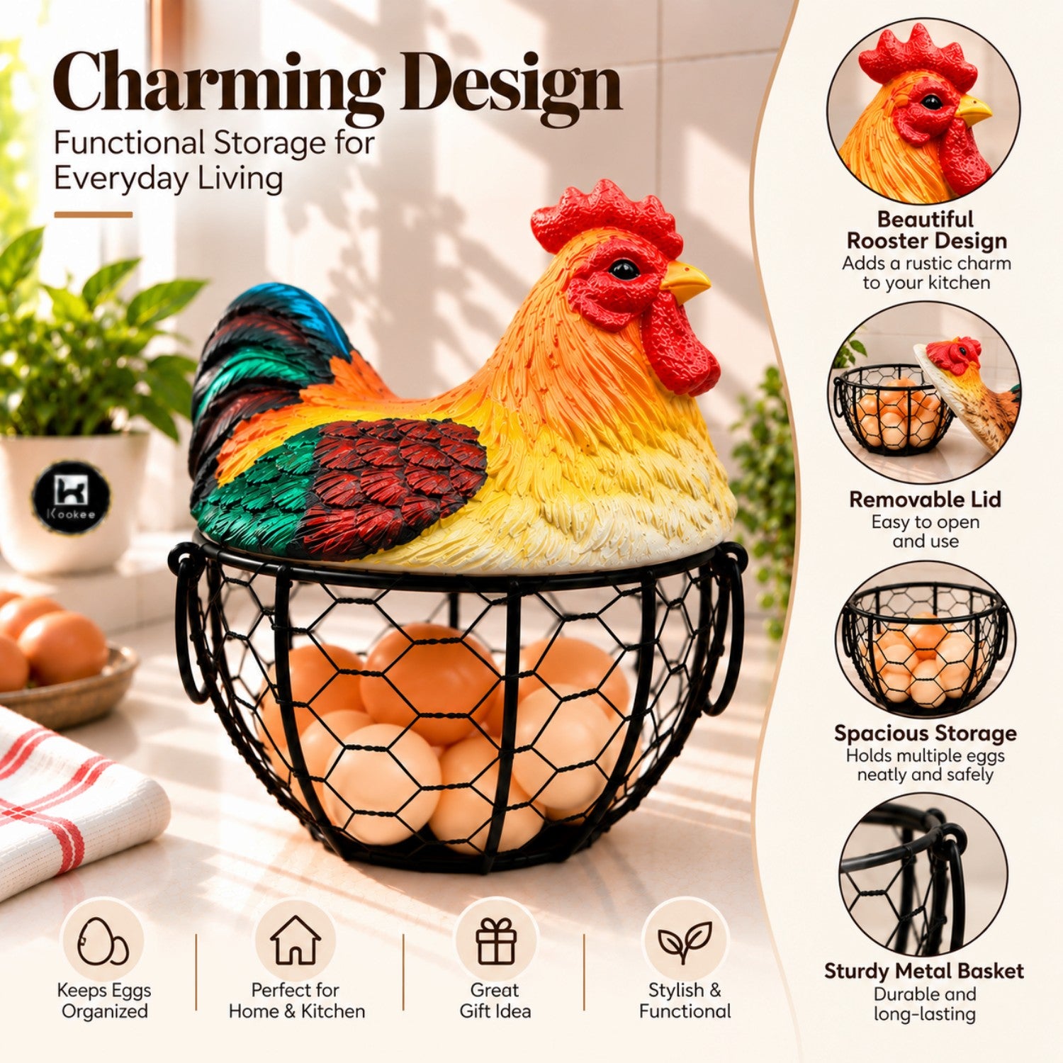 Kookee Wire Mesh Egg Basket with Polyresin Chicken Lid for Kitchen