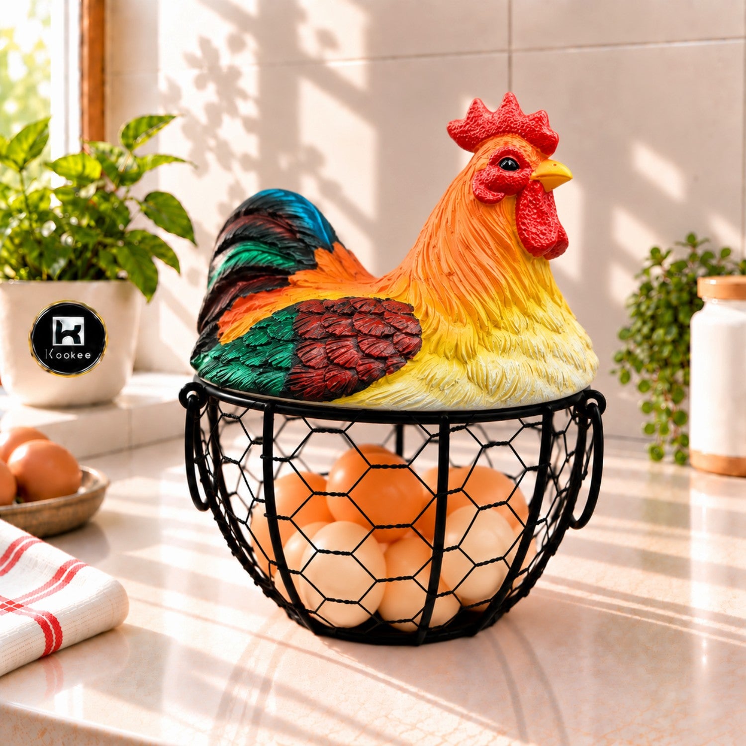 Kookee Wire Mesh Egg Basket with Polyresin Chicken Lid for Kitchen