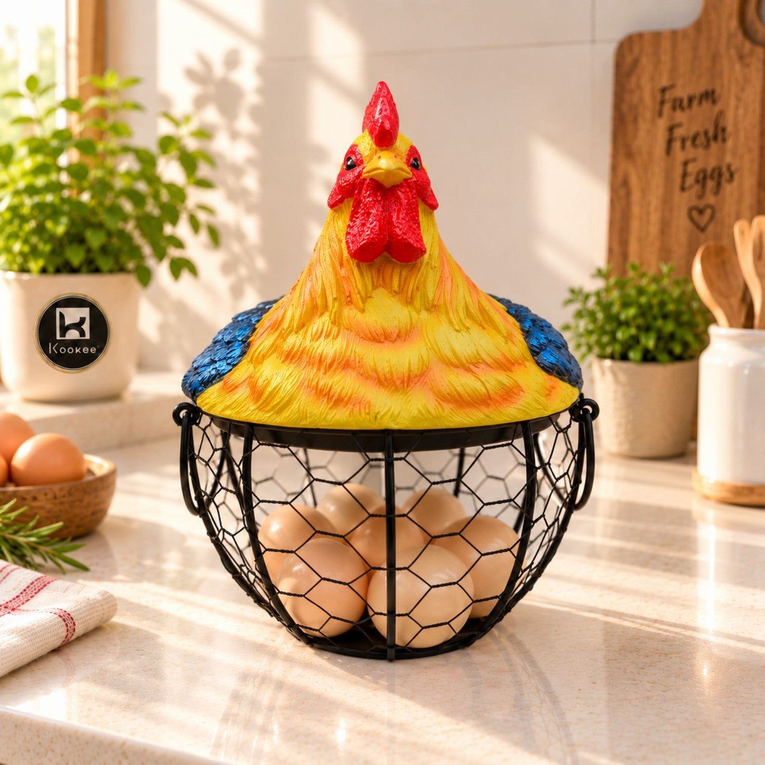 Kookee Wire Mesh Egg Basket with Polyresin Chicken Lid for Kitchen