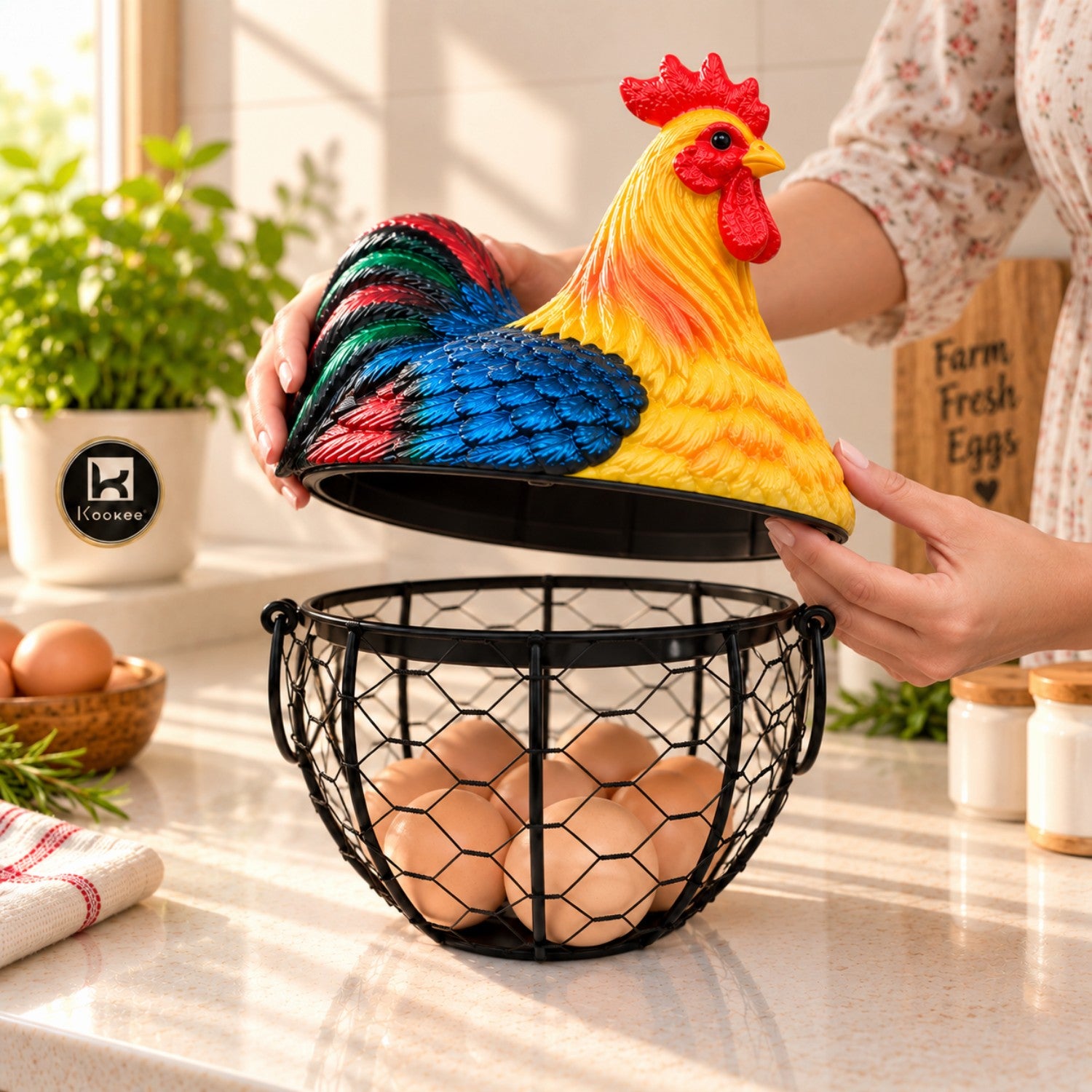 Kookee Wire Mesh Egg Basket with Polyresin Chicken Lid for Kitchen