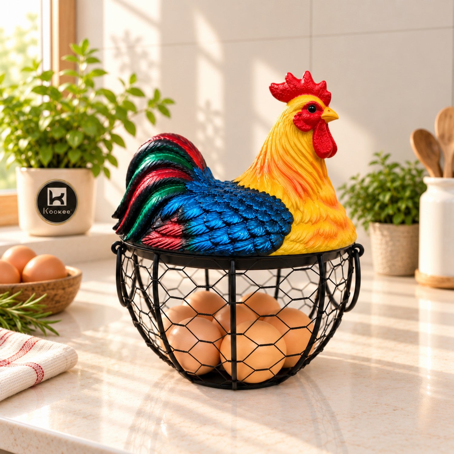 Kookee Wire Mesh Egg Basket with Polyresin Chicken Lid for Kitchen