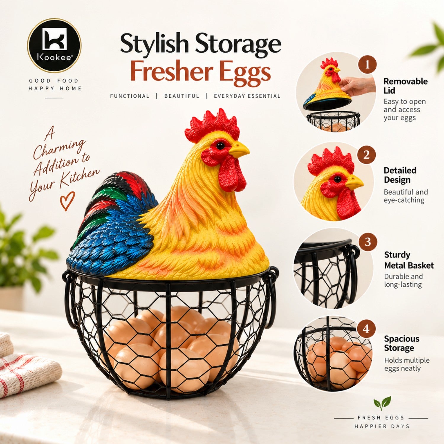 Kookee Wire Mesh Egg Basket with Polyresin Chicken Lid for Kitchen