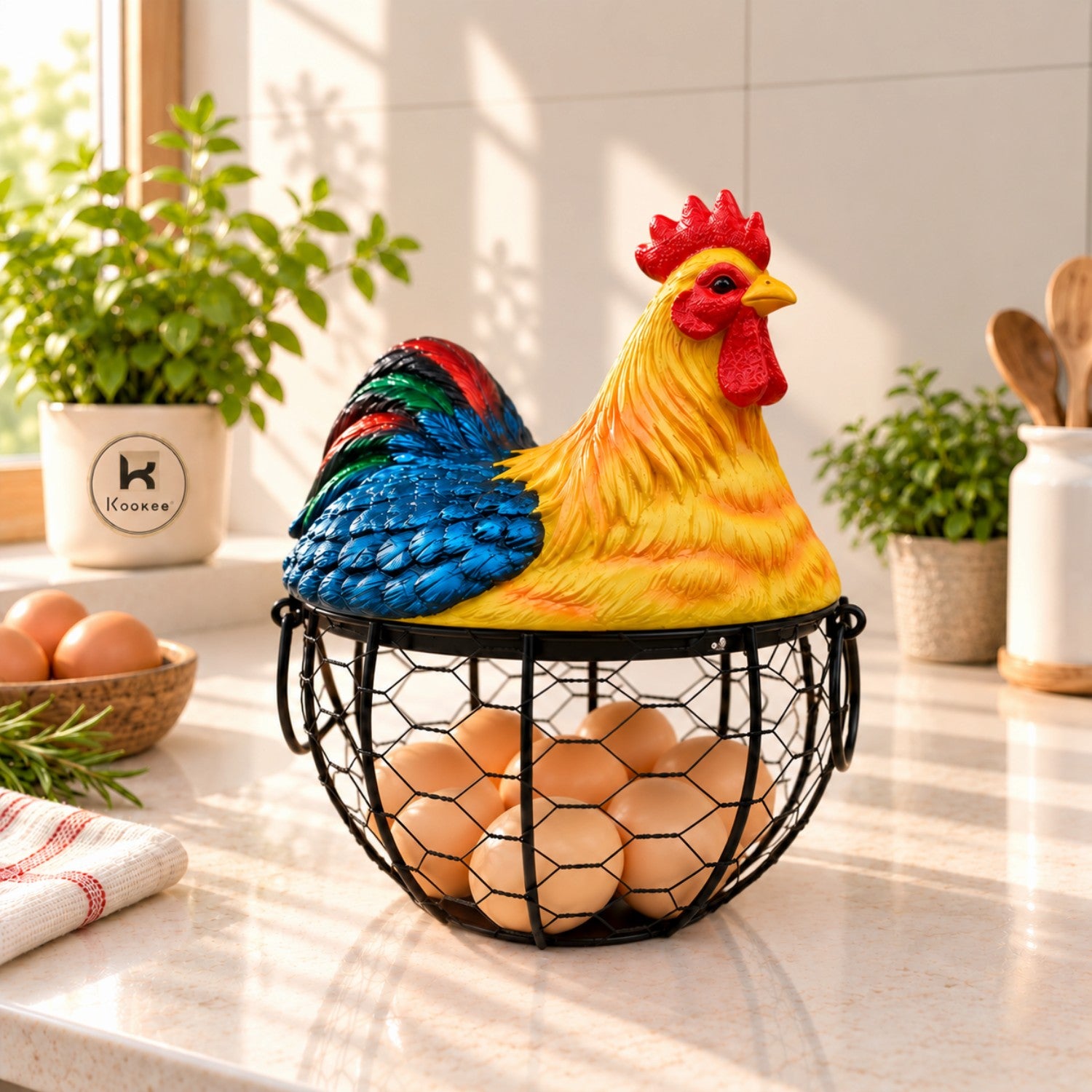 Kookee Wire Mesh Egg Basket with Polyresin Chicken Lid for Kitchen