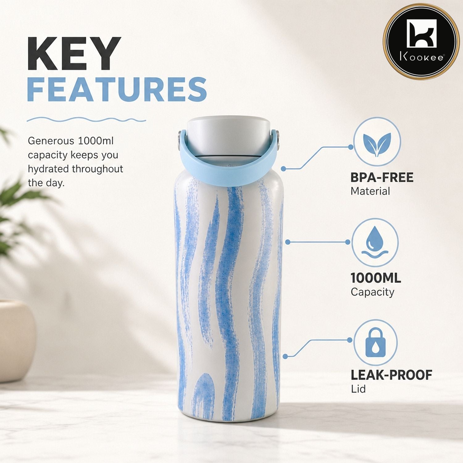 Kookee Stainless Steel BPA Free Water Bottle | 1000ml