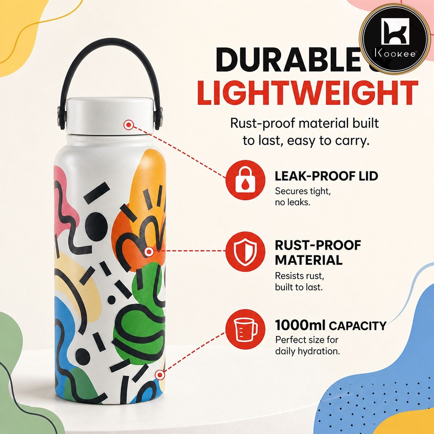Kookee Stainless Steel BPA Free Water Bottle | 1000ml