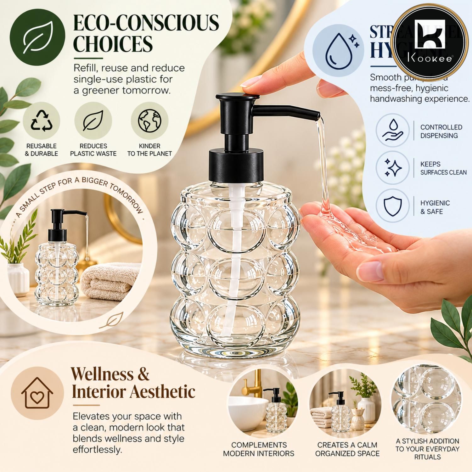 Glass Liquid Soap Dispenser for Bathroom, Set of 1