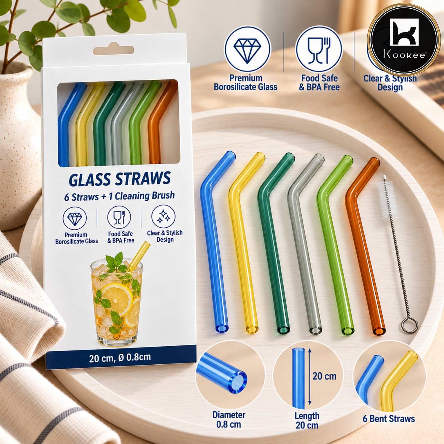 Reusable Glass Straw 6 pc with Cleaning Brush