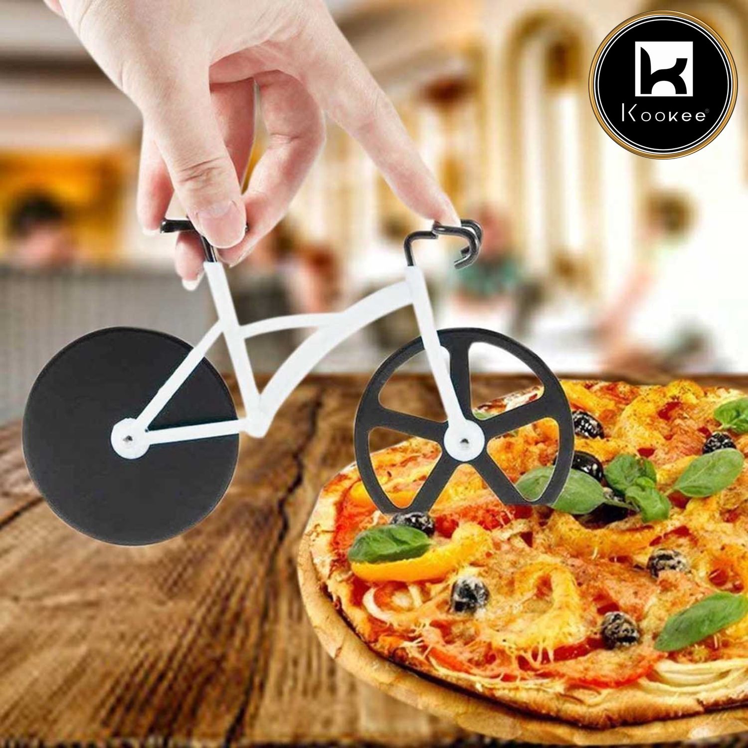 Kookee Pizza Cutter and Slicer for Kitchen and Py, Bicycle with display stand and Non-Stick Dual Stainless Steel Wheels