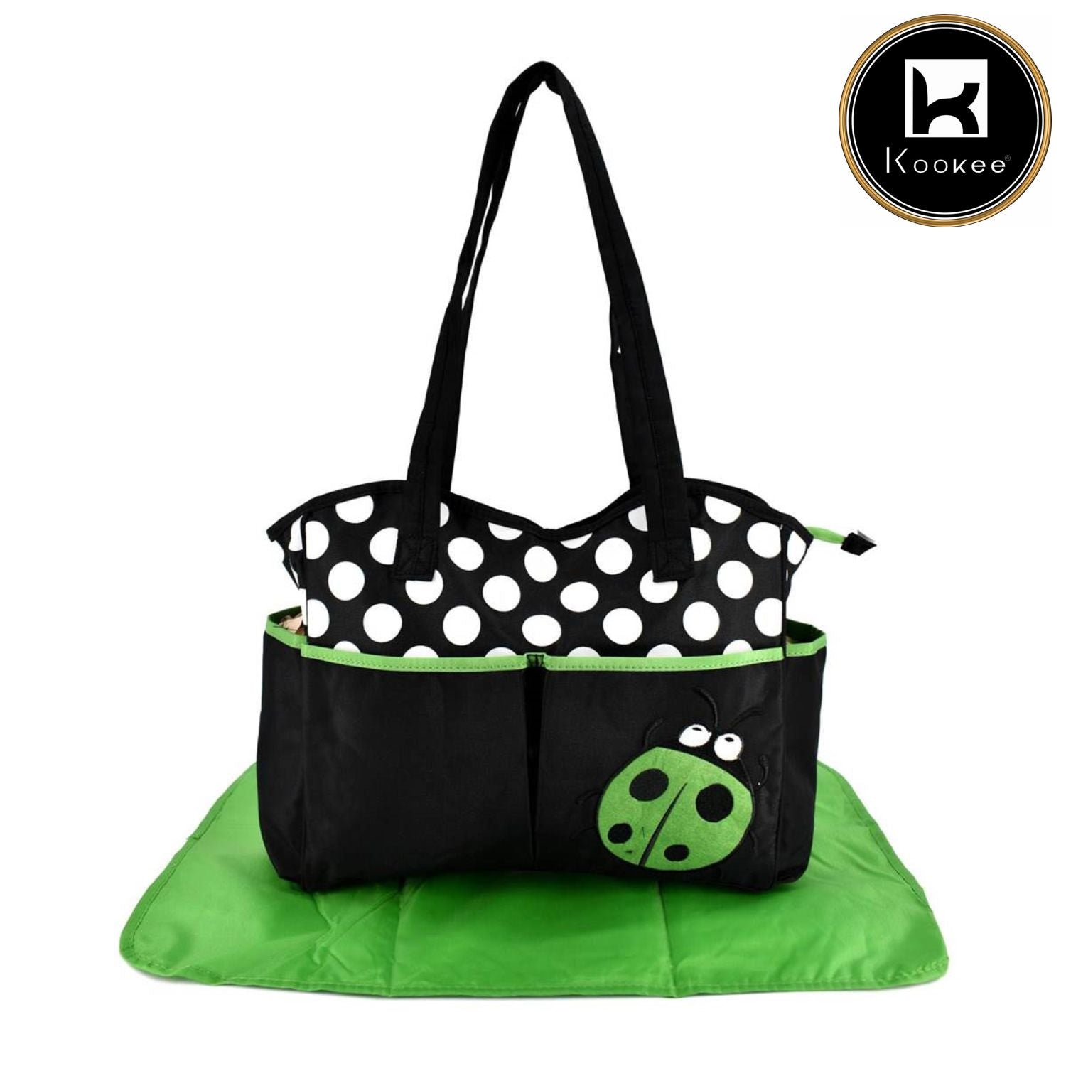 Mother Bag with Diaper Changing Mat - Black/Green & White Dot