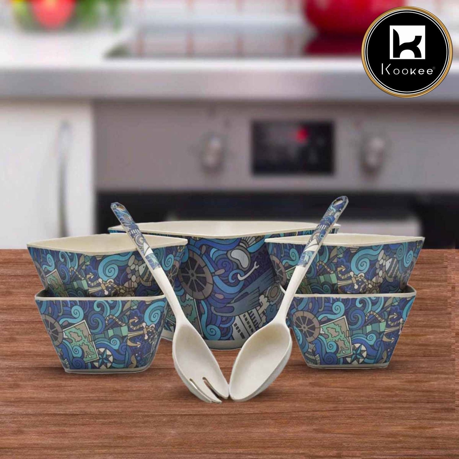 Kookee Bamboo Fibre Bowl Set with 5 Bowls, 2 Spoons (1532)