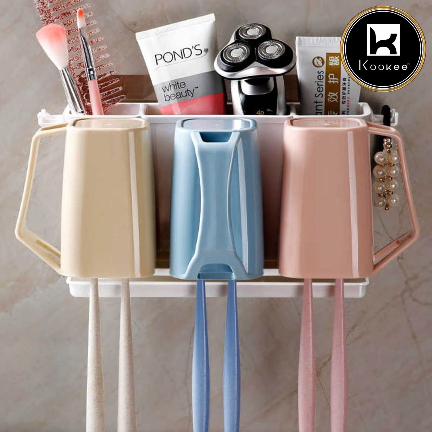 Multifunctional Wall Mounted Self Adhesive Toothbrush Holder for Bathroom with 3 Cups