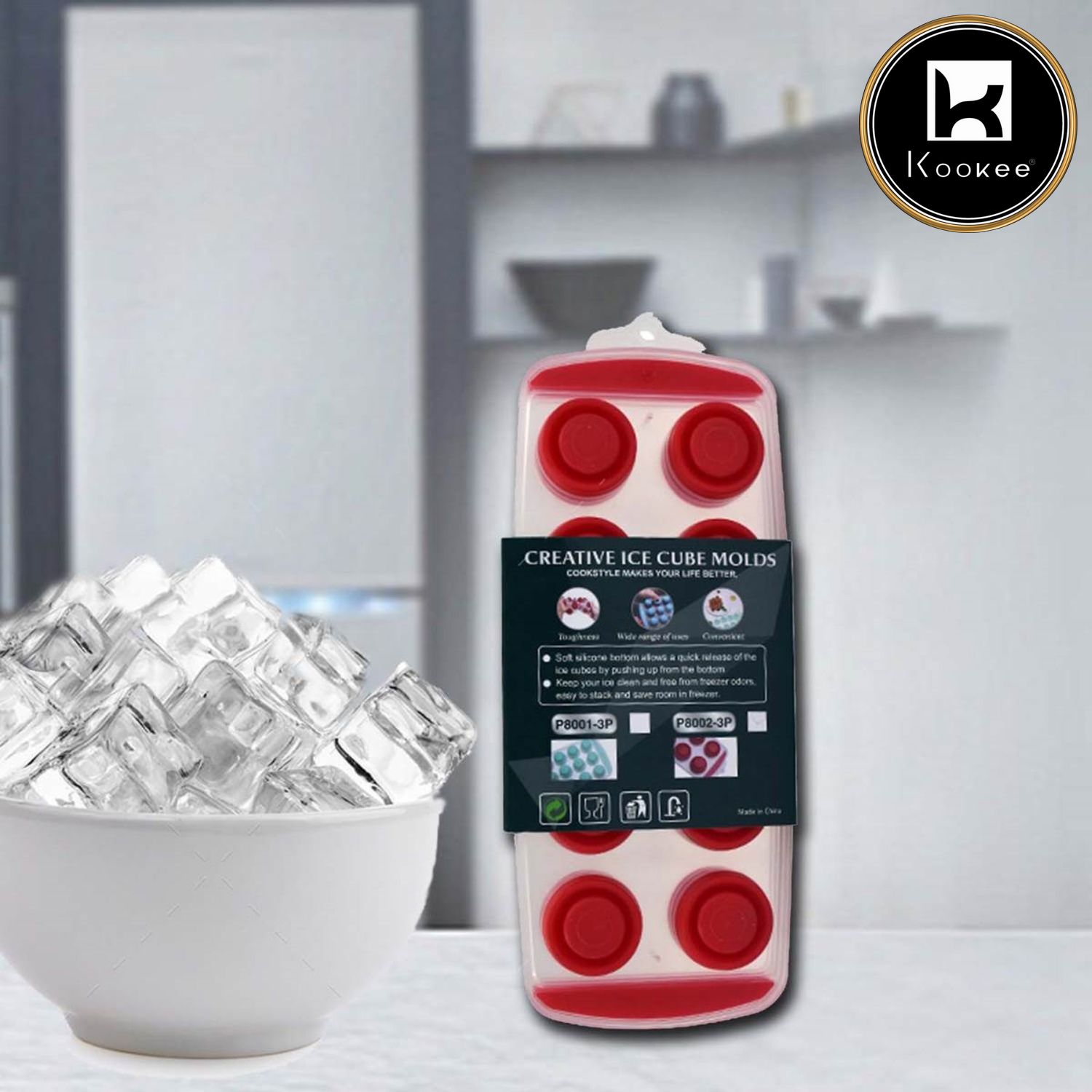 Kookee Flexible Silicone Ice Cube Tray 10 cubes, (Pack of 3) (P8002-3P-C)