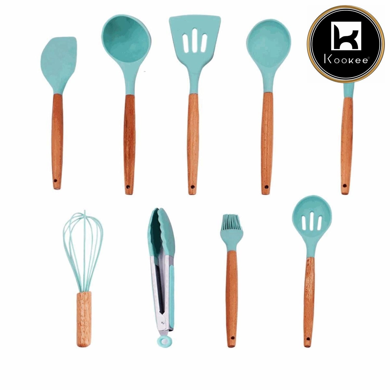 Silicone Kitchen Utensil Spoon 9 Pieces Cooking & Baking Tool Sets - Sea Green