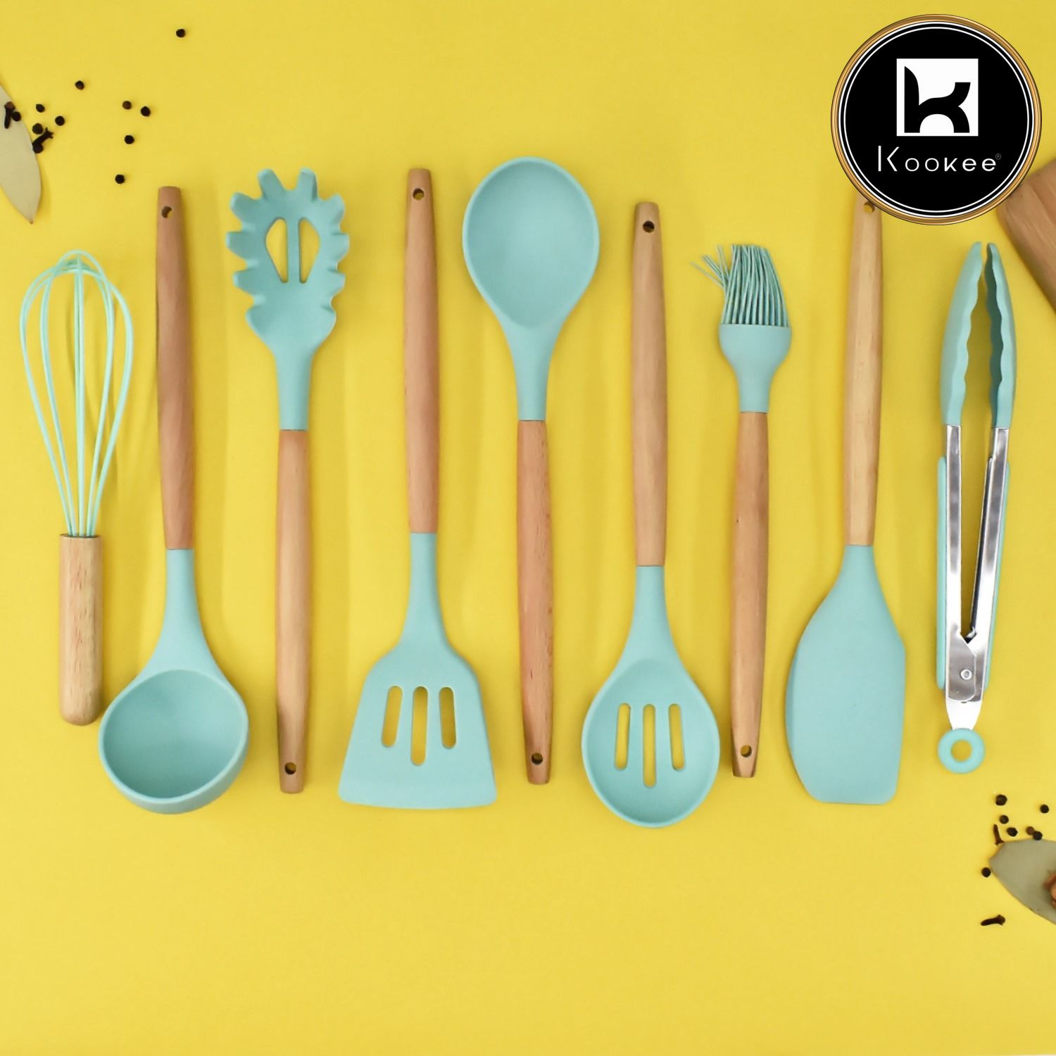 Silicone Kitchen Utensil Spoon 9 Pieces Cooking & Baking Tool Sets - Sea Green