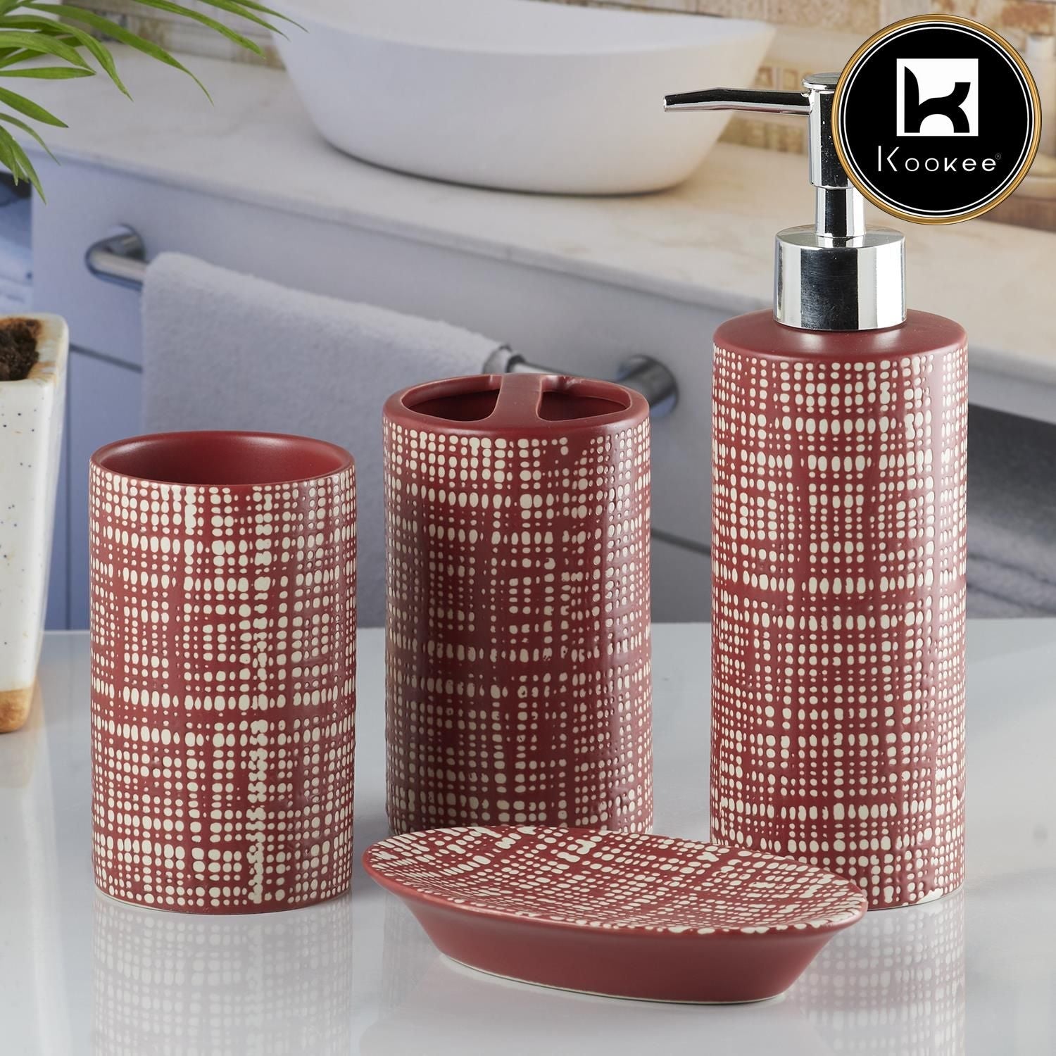 Ceramic Bathroom Set of 4 with Soap Dispenser, Red(5748)