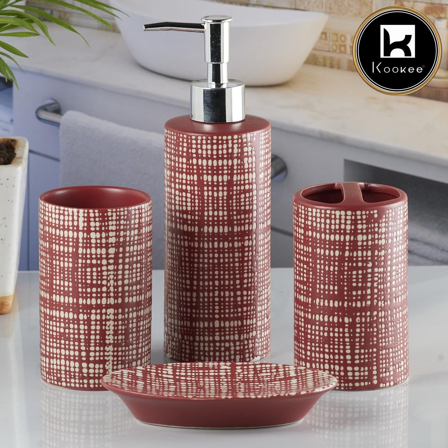 Ceramic Bathroom Set of 4 with Soap Dispenser, Red(5748)