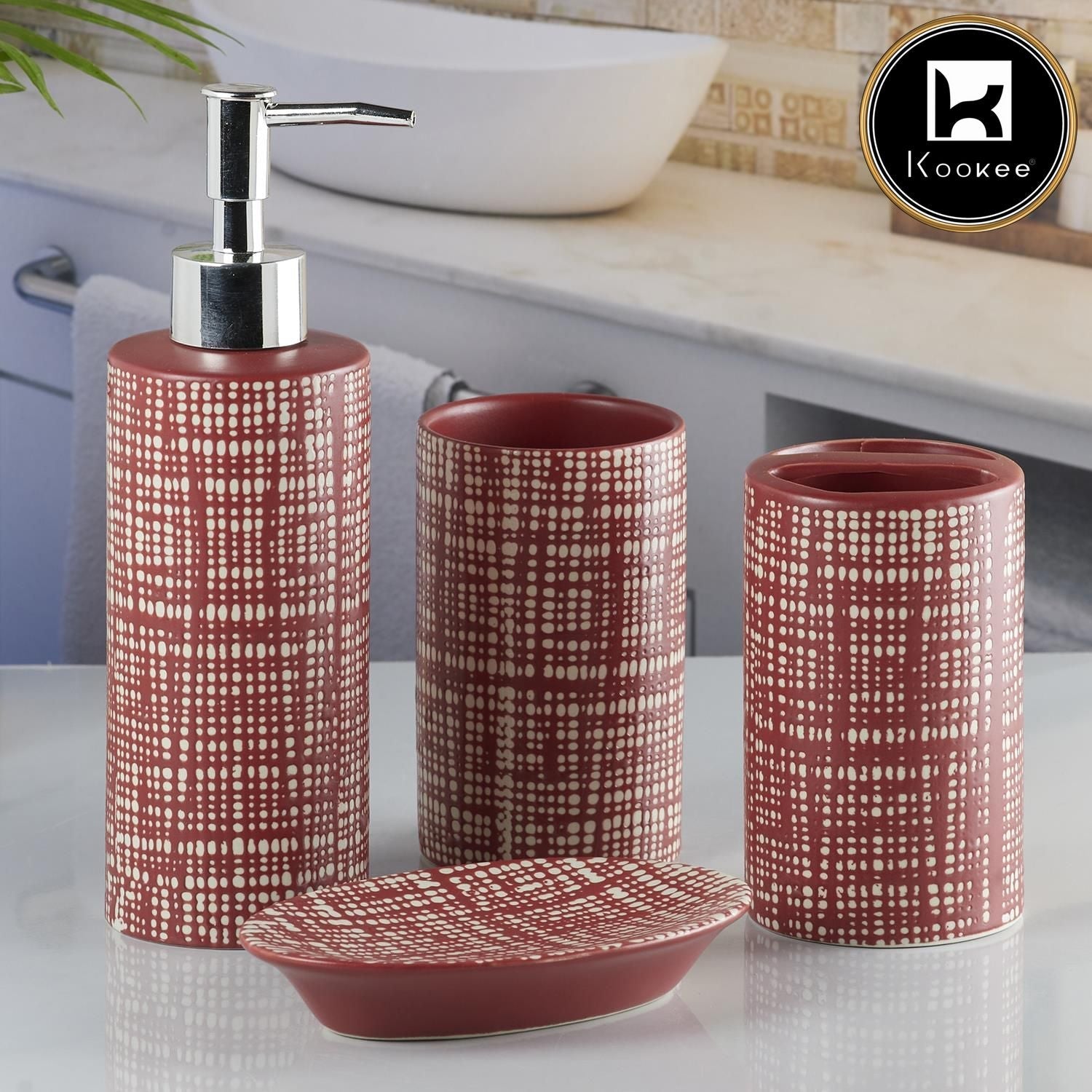 Kookee Ceramic Bathroom Accessories Set of 4, Modern Bath Set with Liquid handwash Soap Dispenser and Toothbrush holder, Luxury Gift Accessory for Home, Red/Beige